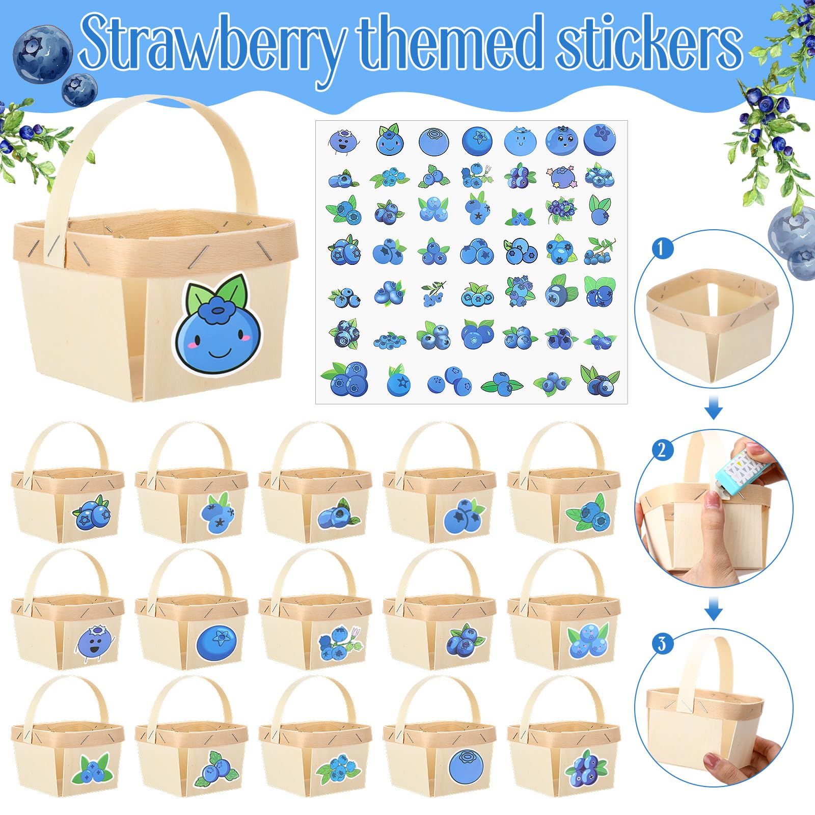 Seeloowy 77 Pcs/30 Sets One Pint Wood Berry Basket with Handle with Blueberry Stickers and Blue Gingham Ribbon 4 Small Gifts Bas