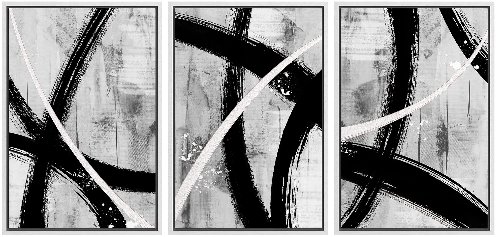 Idea4Wall Framed Canvas Print Wall Art Set Black Gray White Geometric Paint Strokes Abstract Shapes Illustrations Modern Art Dec