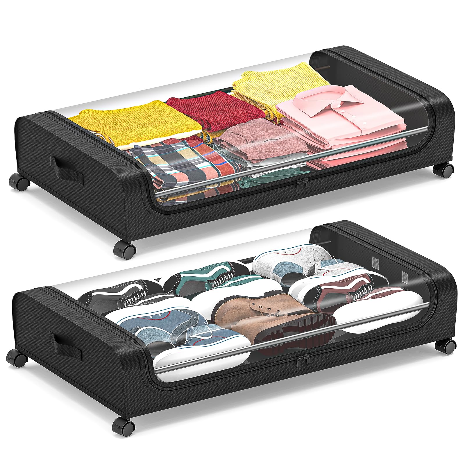 Fulpower 2 Pack Under Bed Storage Containers, Large Under Bed Storage with Wheels, Metal Under Bed Rolling Storage with Lid, Bed