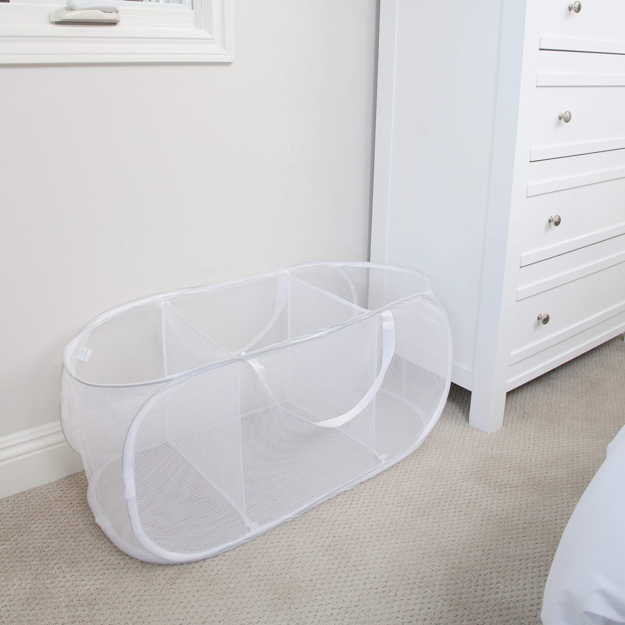 Smart Design Deluxe Mesh Pop Up 3 Compartment Laundry Sorter Hamper Basket - Ventilair Fabric Collapsible Design - For Clothes &