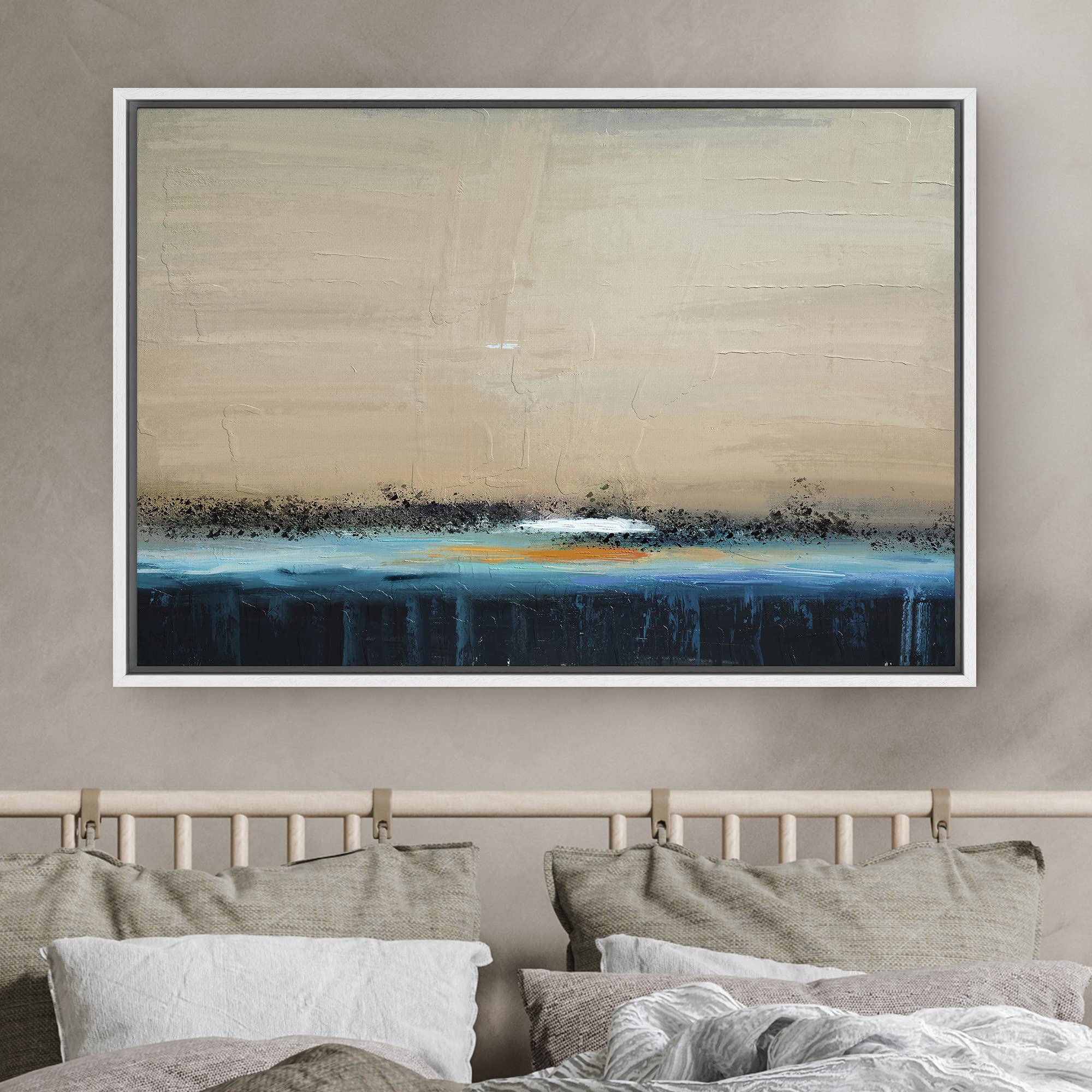 Signwin Framed Canvas Print Wall Art Grunge Tan Gold Blue Color Field Landscape Abstract Shapes Illustrations Modern Art Decorat