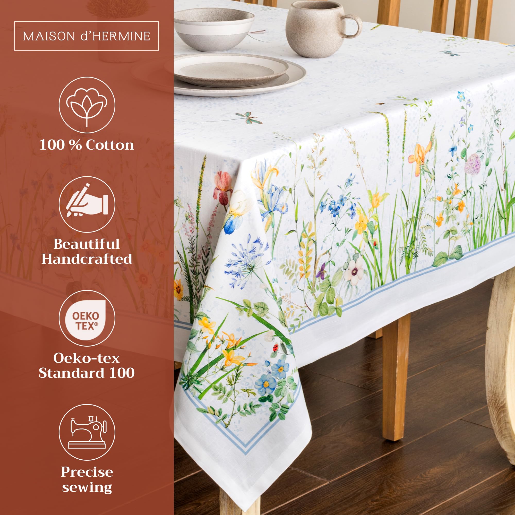 Maison d Hermine Table Cloth Square Table 100% Cotton 60 x 60 Inches Tablecloth Reusable Decorative for Dining Room, Farmhouse,