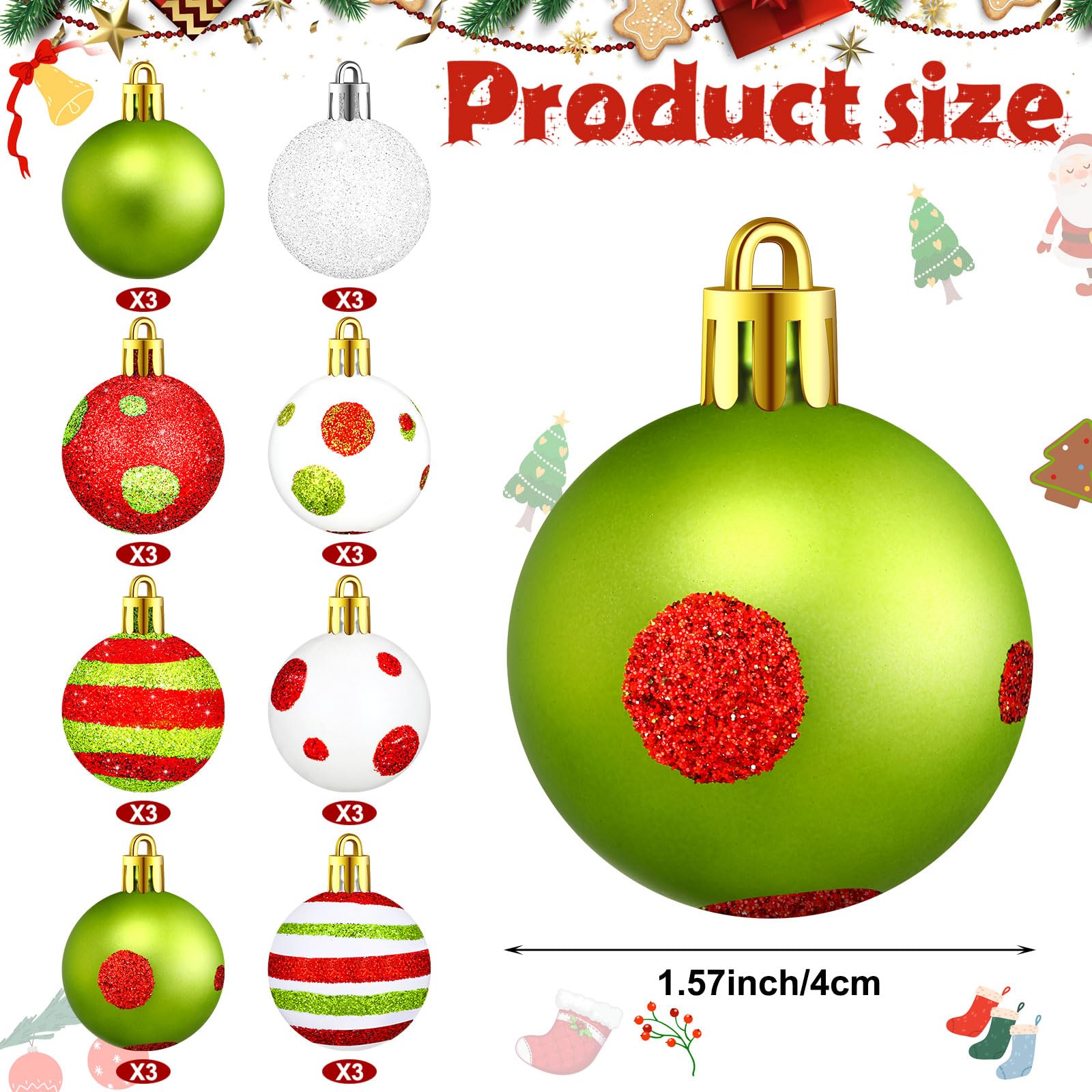 24 Pcs Christmas Ball Ornaments Lime Green Red Christmas Ball Ornament Glittering Hanging Decor Plastic Xmas Tree Decoration Dot