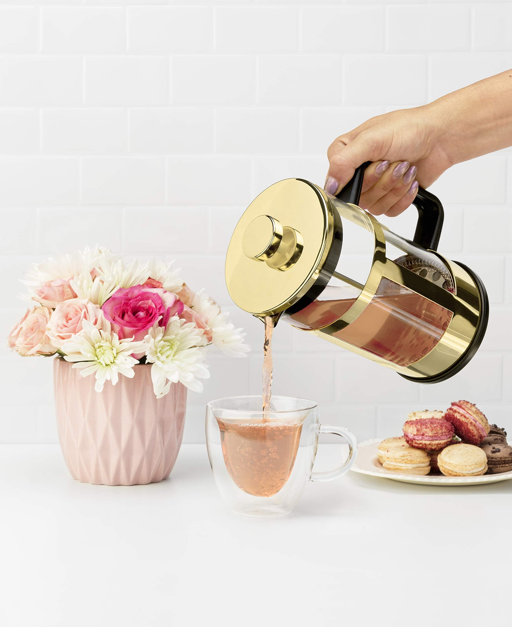 Pinky Up Piper Tea Press Pot, Coffee Maker, French Press For Loose Leaf Tea And Coffee, Hot Or Iced Beverage Brewer, 34 Oz, Gold