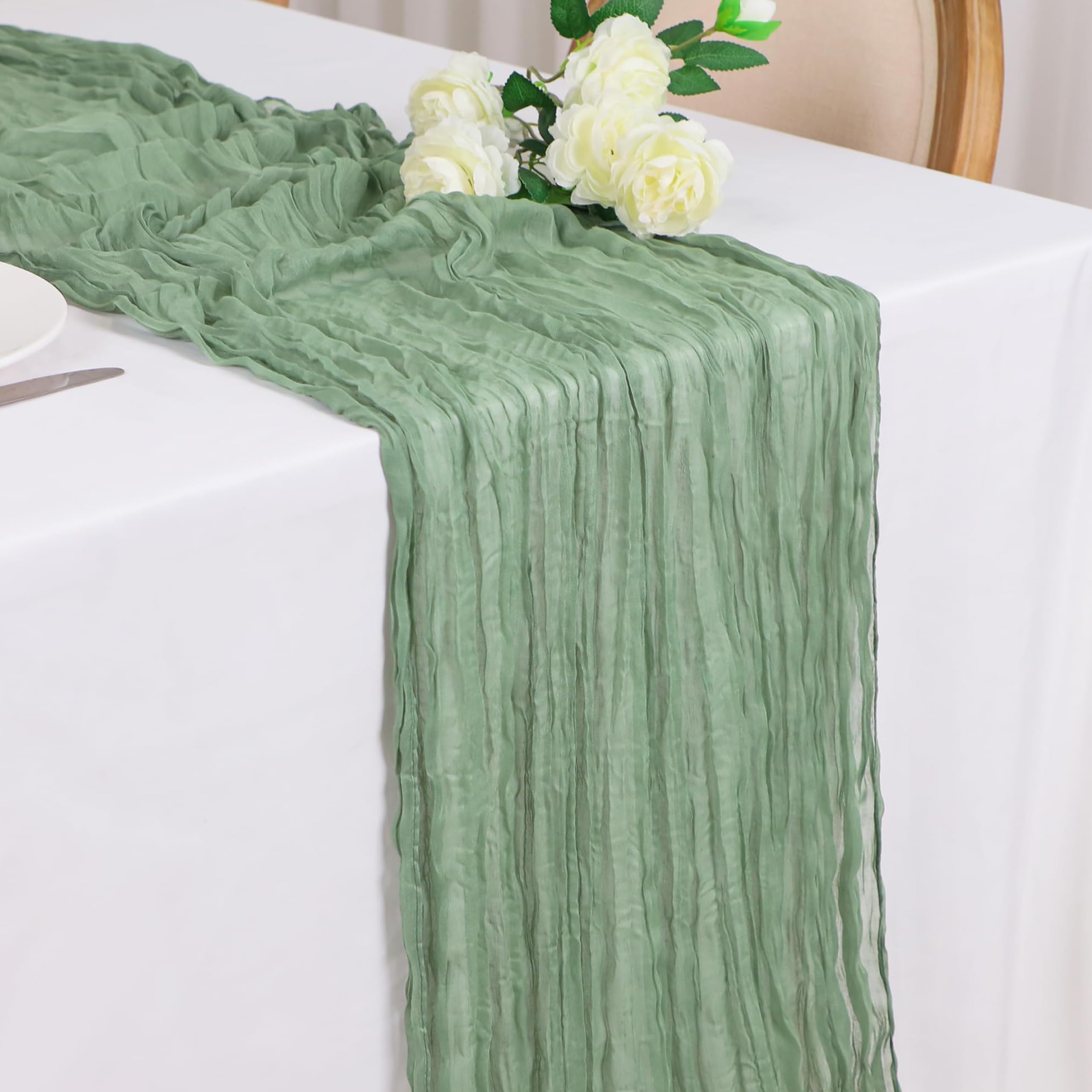 Snowkingdom Sage Green Cheesecloth Table Runner, 120 Inch 10 Ft Rustic Boho Sheer Gauze Cheese Cloth Runner for Wedding Bridal B