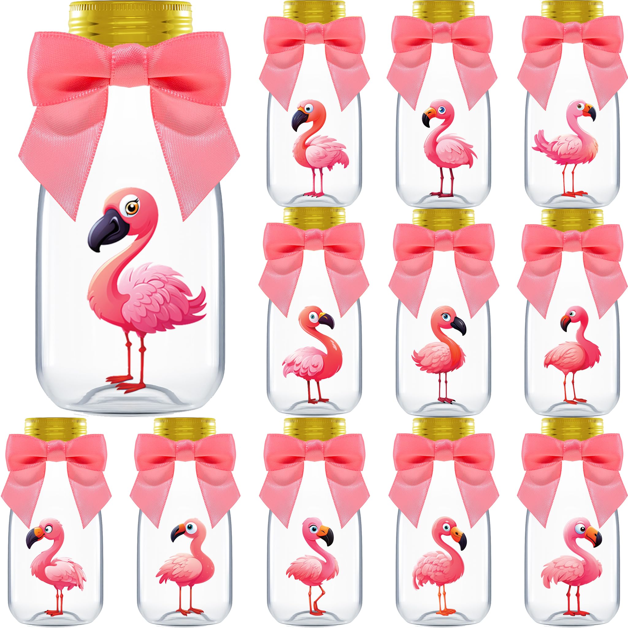 Ethisa Small 12 Pack Flamingo Party Favors - DIY Candy Jars with Ribbons and Stickers - Party Decoration Bottles for Birthday, B