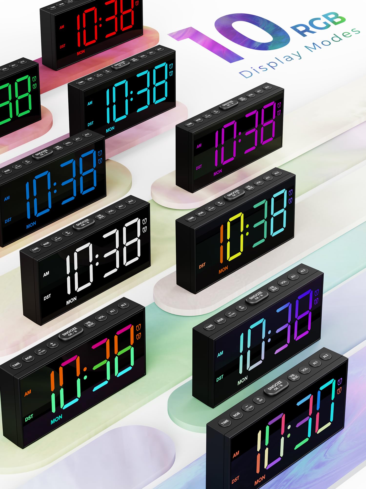 PPLEE RGB Digital Alarm Clock for Bedrooms with Day Display, Loud Dual Alarms for Heavy Sleepers, Plug-in Bedside Clock with USB