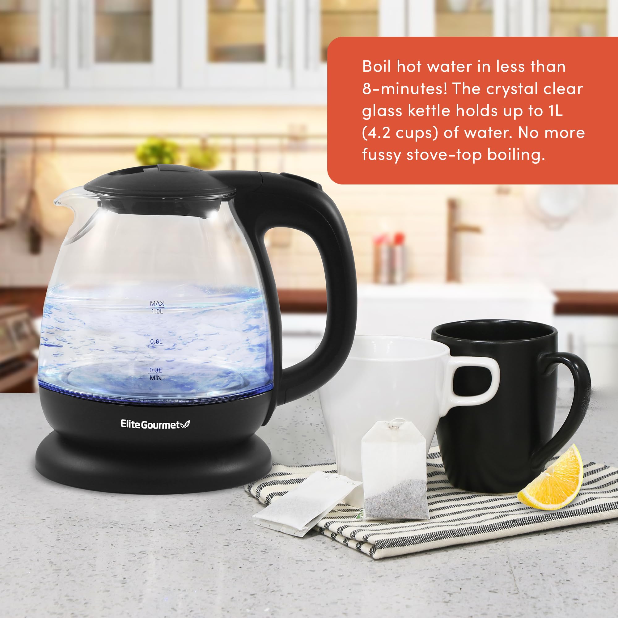 Elite Gourmet Ekt1001 Electric 1.0L Bpa-Free 1100W Glass Kettle Cordless 360 Base, Stylish Blue Led Interior, Handy Auto Shut-Of