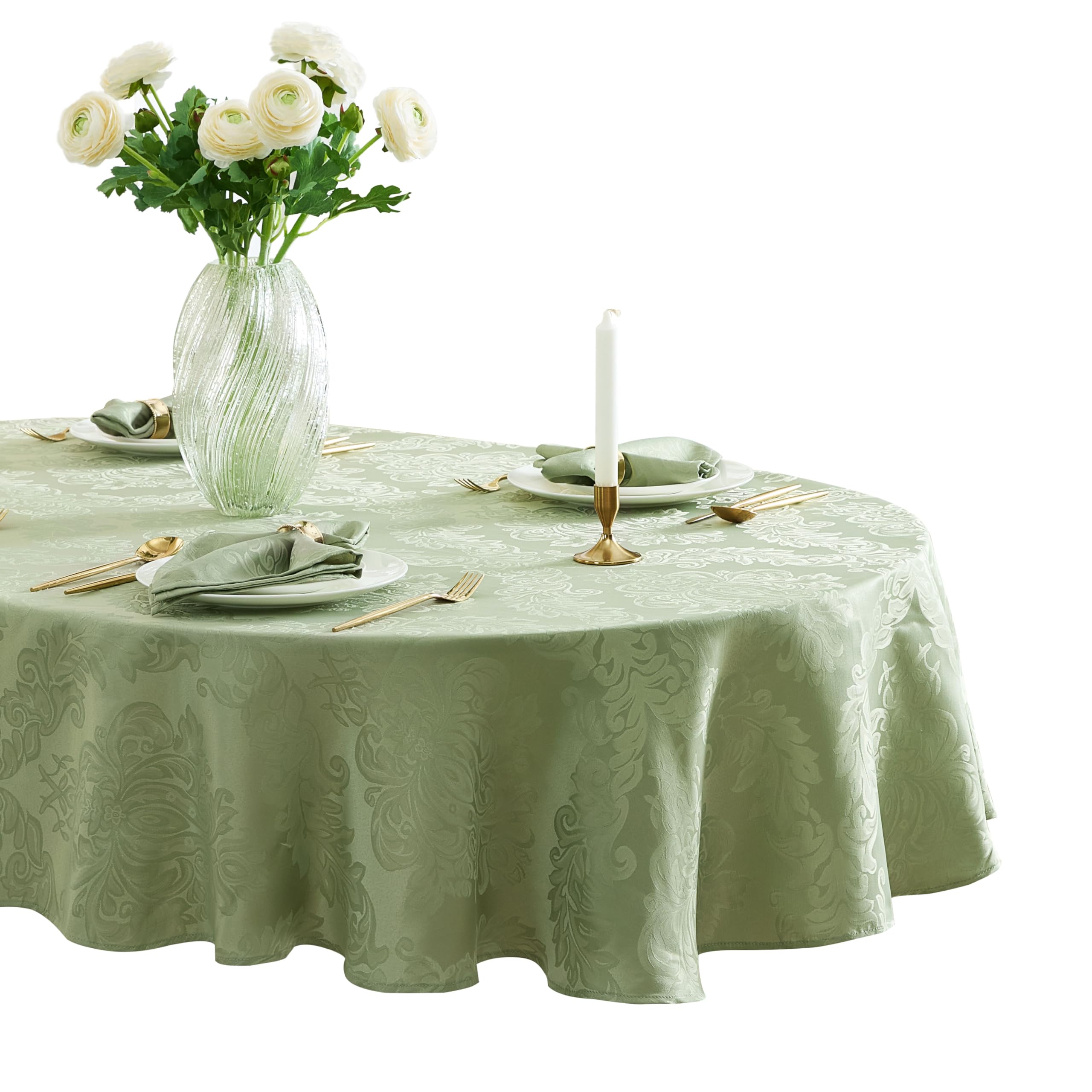 Newbridge Barcelona Damask Fabric Tablecloth, 60 x 144 Inch Rectangle, Sage Green - No Iron, Soil Resistant Table Cover for Dini