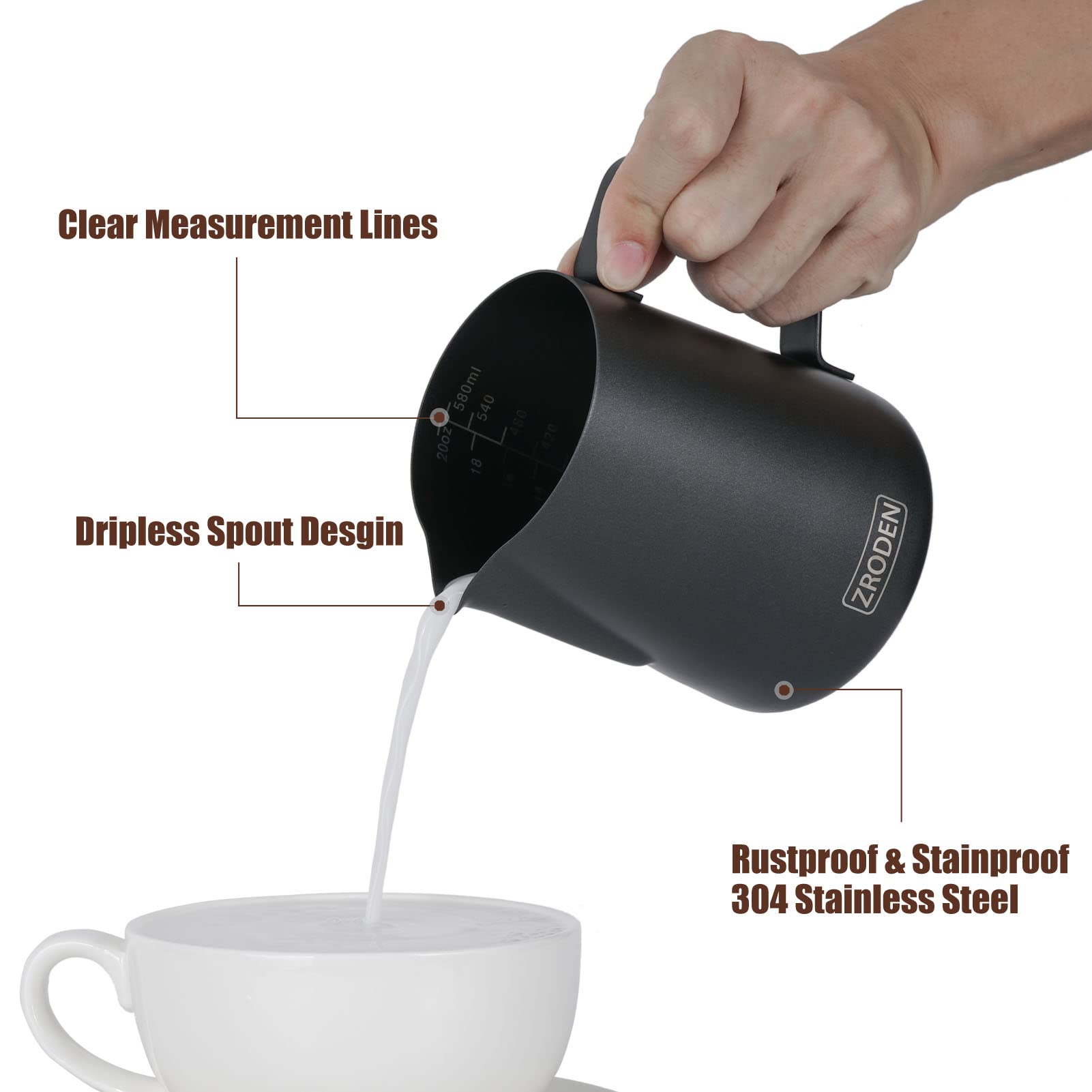 Milk Frothing Pitcher, 20Oz Espresso Steaming Pitchers Stainless Steel Cappuccino Coffee Machine Accessories Barista Tools Steam