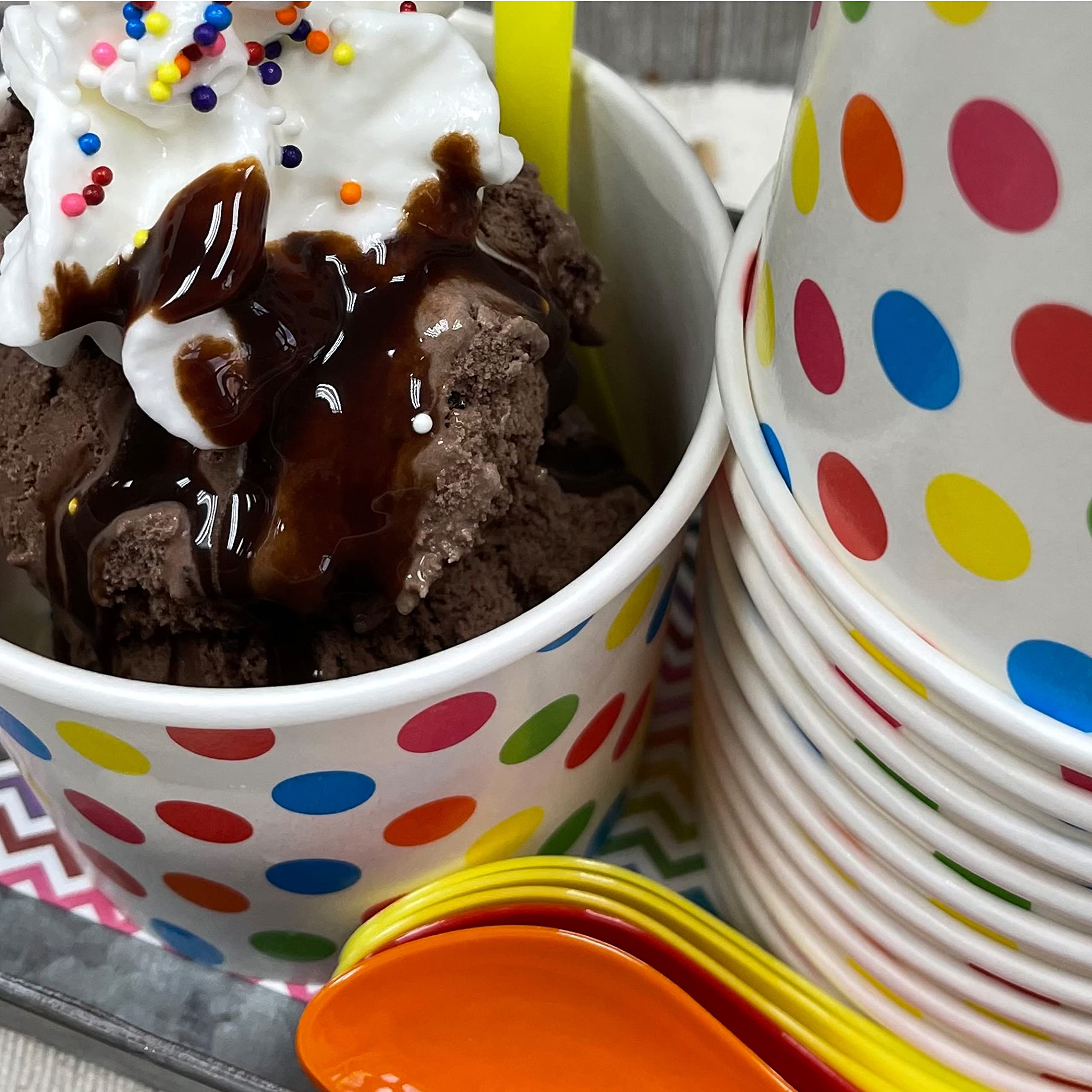 Ice Cream Sundae Kit - 12 Ounce Polka Dot Paper Treat Cups - Heavyweight Plastic Spoons - Paper Umbrellas - 12 Each Pink Orange