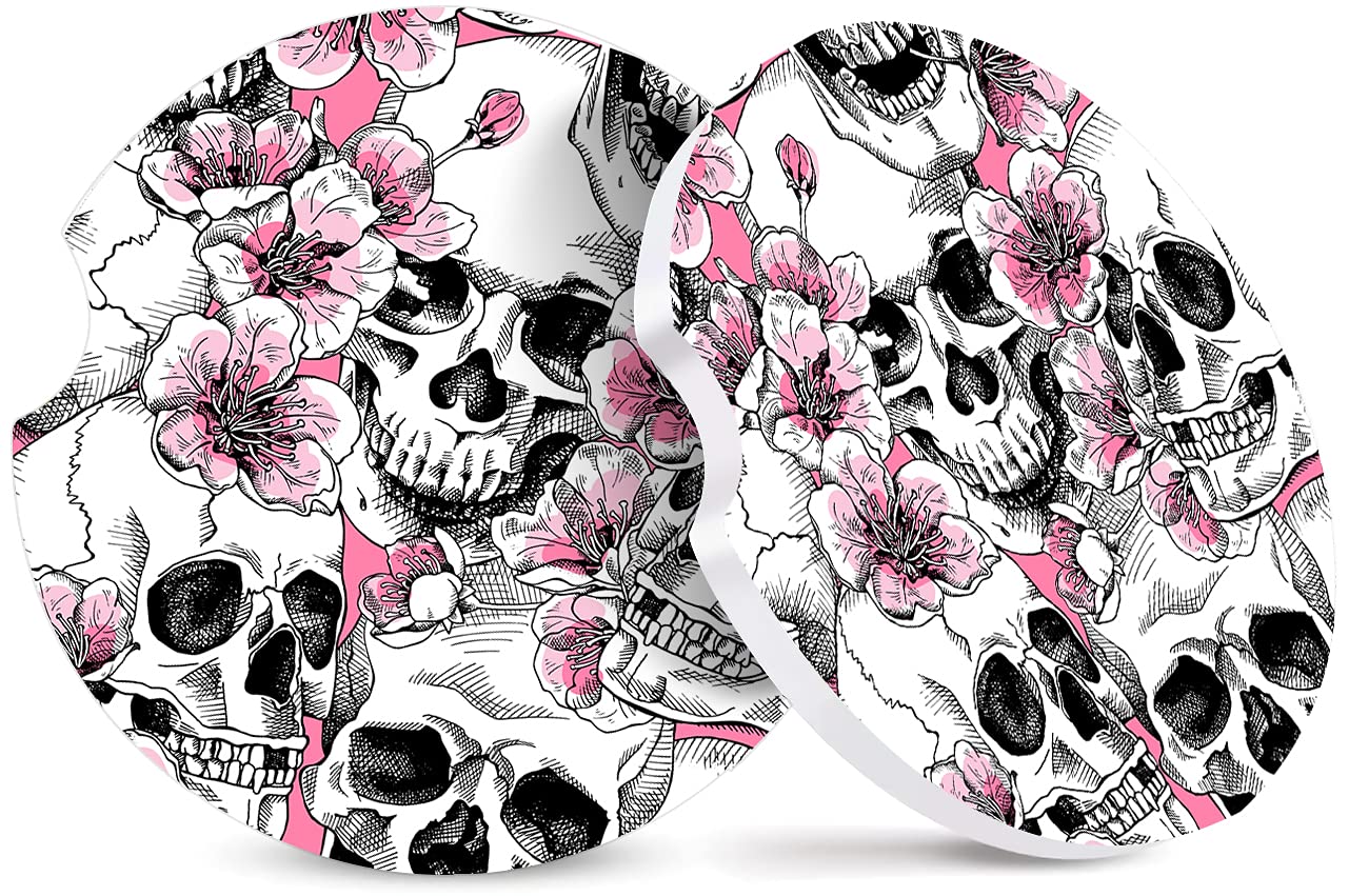 2 Pack Absorbent Car Coasters For Cup Holders,Floral Skull Ceramic Coasters With Cork Back And Finger Slot,Cool Cupholder Access