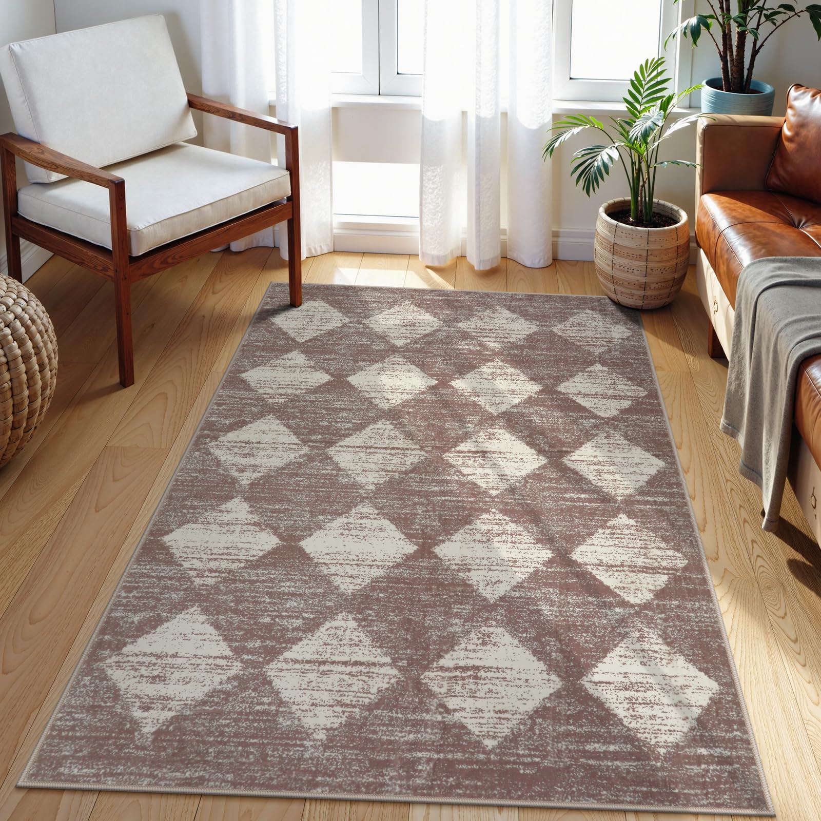 Lahome Zelie Moroccan Treills Area Rug, 3x5 Rugs for Living Room Washable Entry Mat, Checkered Modern Soft Beige Indoor Accent C