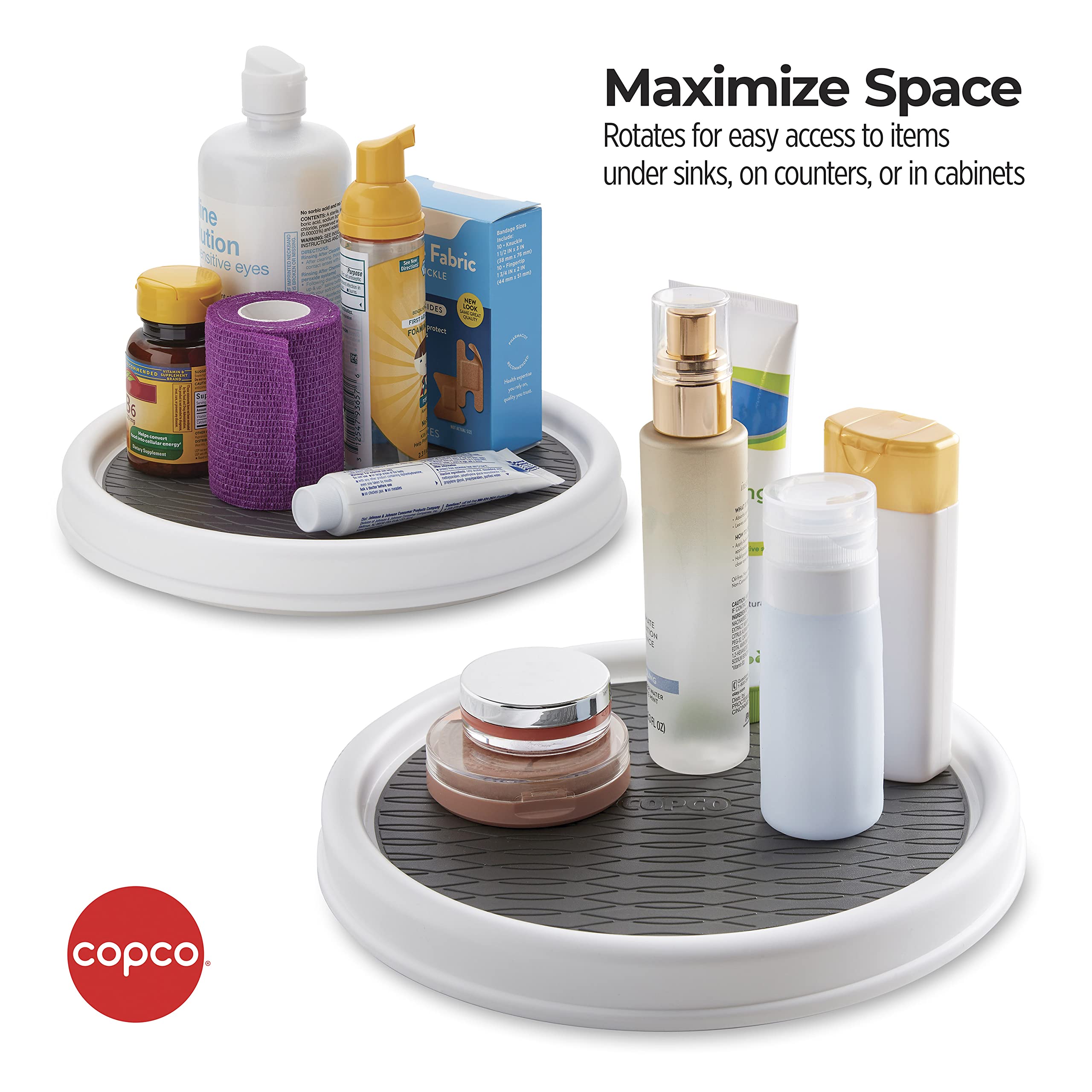 Copco 9 Inch Non Skid Pantry Cabinet Lazy Susan Turntable, Set of 2, Spinning Organizer for Kitchen, Countertop, or Bathroom, Wh