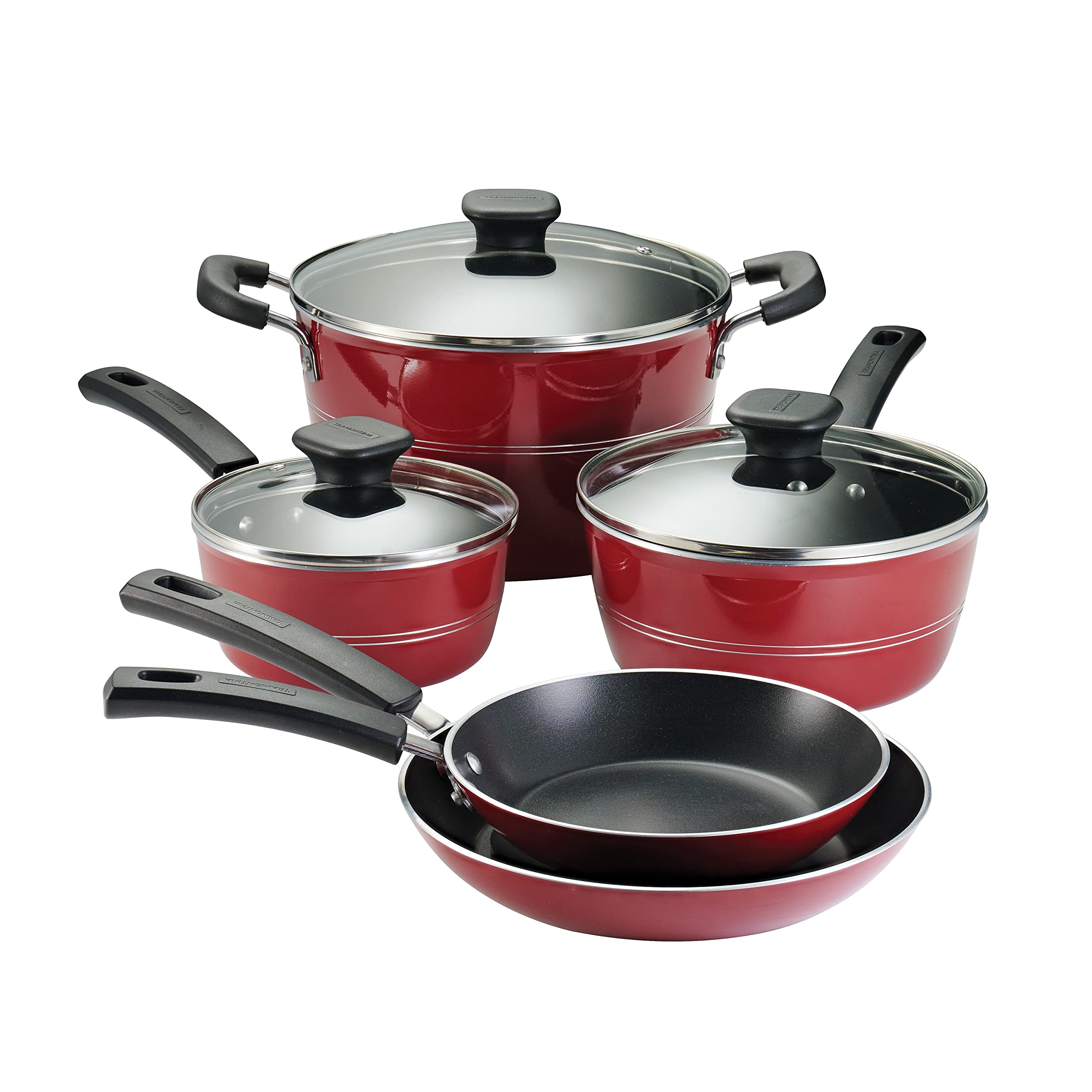 Tramontina Sicilia 8-Piece Non Stick Cookware Set with Glass Lids, Aluminum Nonstick Pots and Pans Kitchen Set (Raspberry)