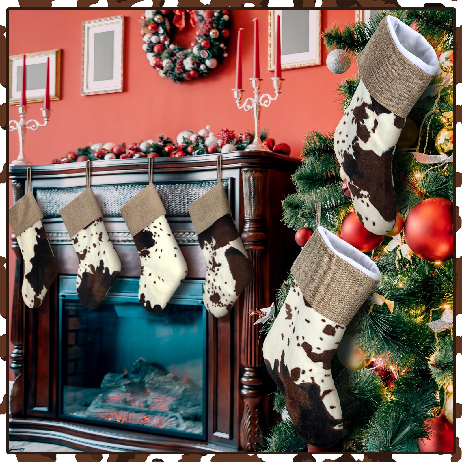 Glimin 2 Pcs Western Christmas Cow Print Stockings Decor Bulk 20 Inch Large Plush Cowhide Christmas Stockings Ornaments Western