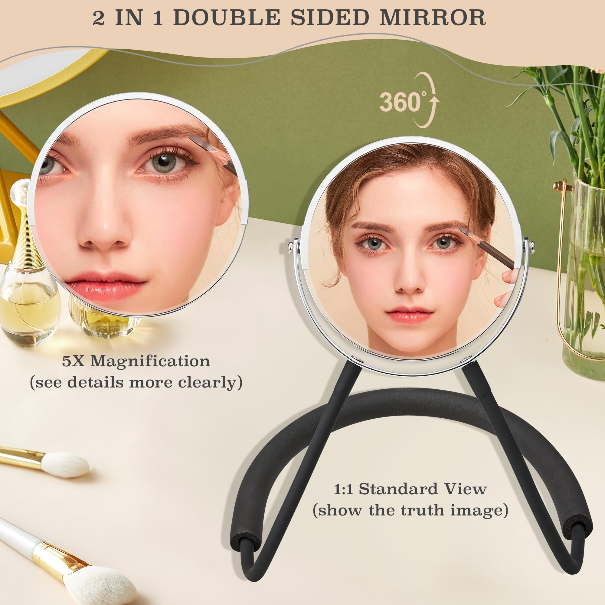XWZMR Double Sided Adjustable Mirror 360° - 25.9"x6.7", 5X Magnification, Flexible Neck, Alloy Steel, White