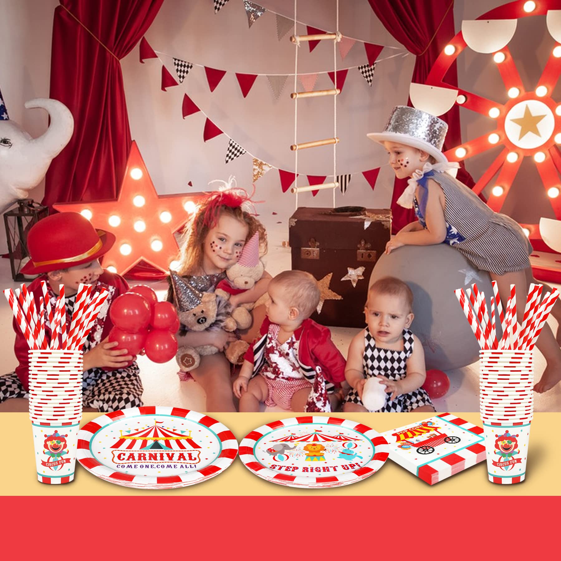 Carnival Party Supplies Decorations, Circus Theme Birthday Paper Plates And Napkins Set With Cups And Straws For 24 Guests, 120
