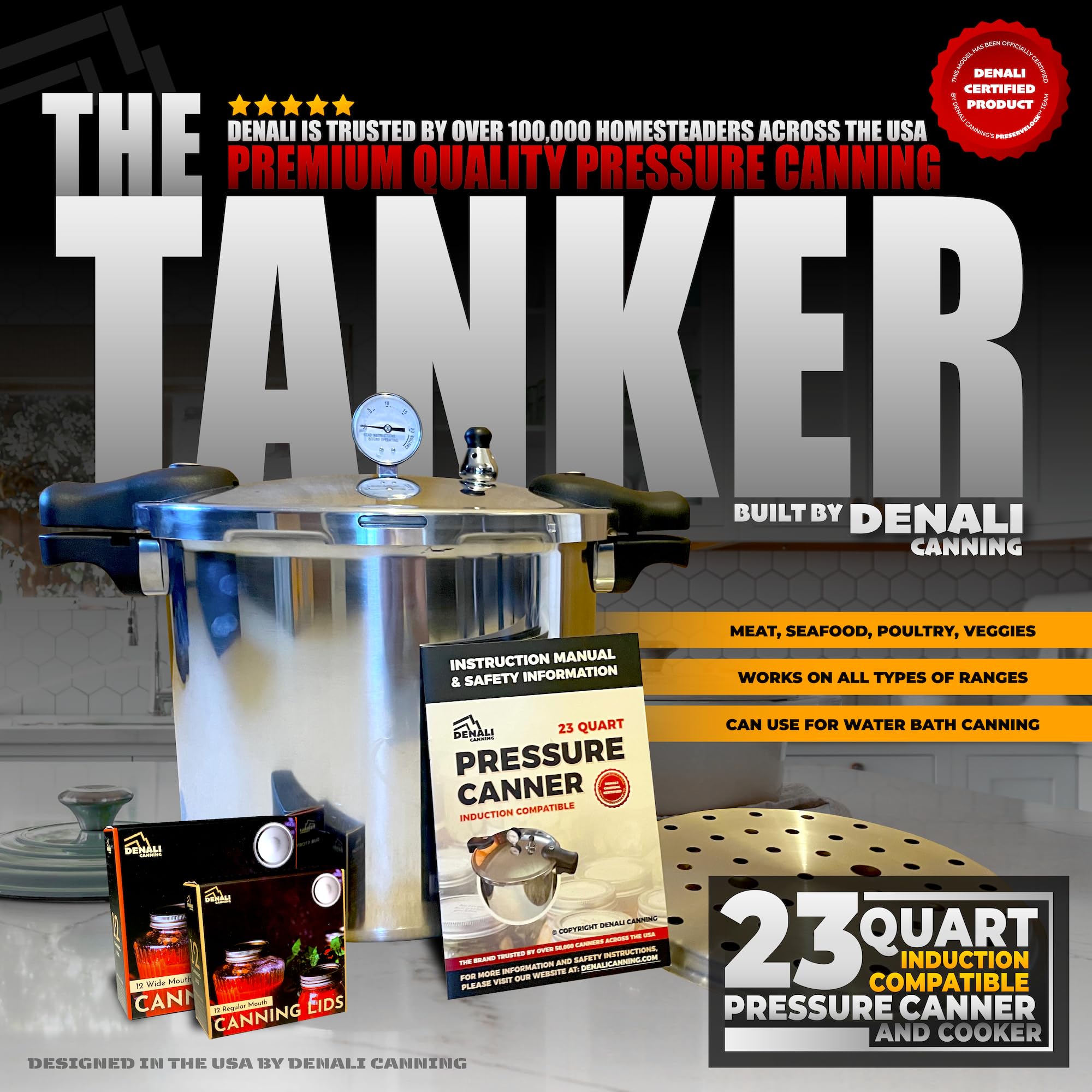 Denali Canning 23 Quart Pressure Canner & Cooker - Induction Compatible, Reflective Silver, Model 850025675536