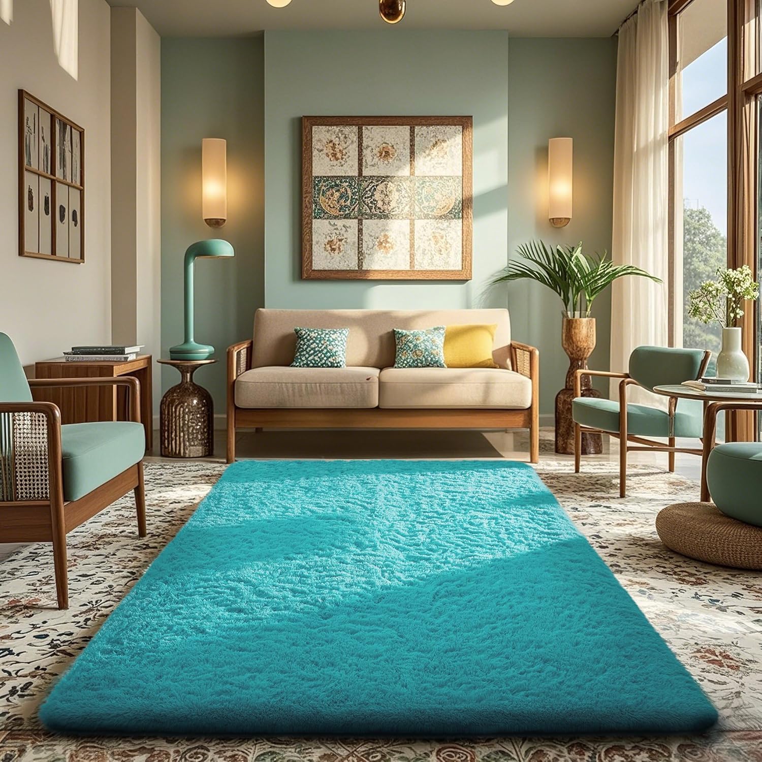 Ophanie Teal Rugs for Living Room Bedroom, 6x9 Fluffy Fuzzy Furry Carpet, Plush Soft Shaggy Bedside Indoor Floor Area Rug for Ki
