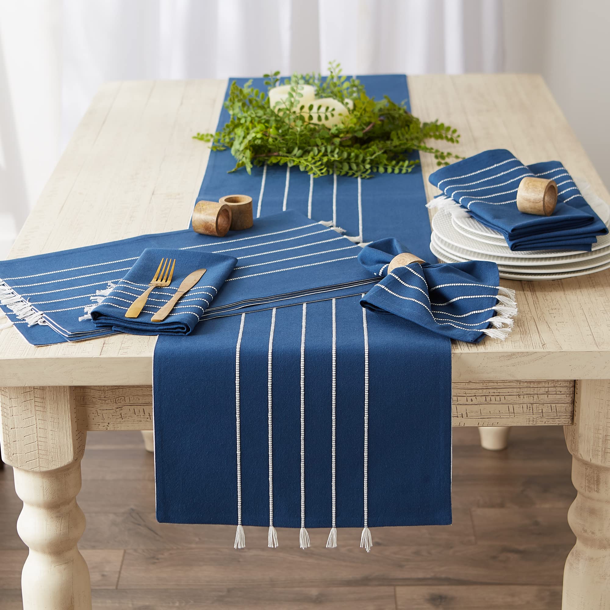 Dii Tassel Stripe Tabletop Collection Decorative, Machine Washable, Table Runner 14X72, Navy & Off-White