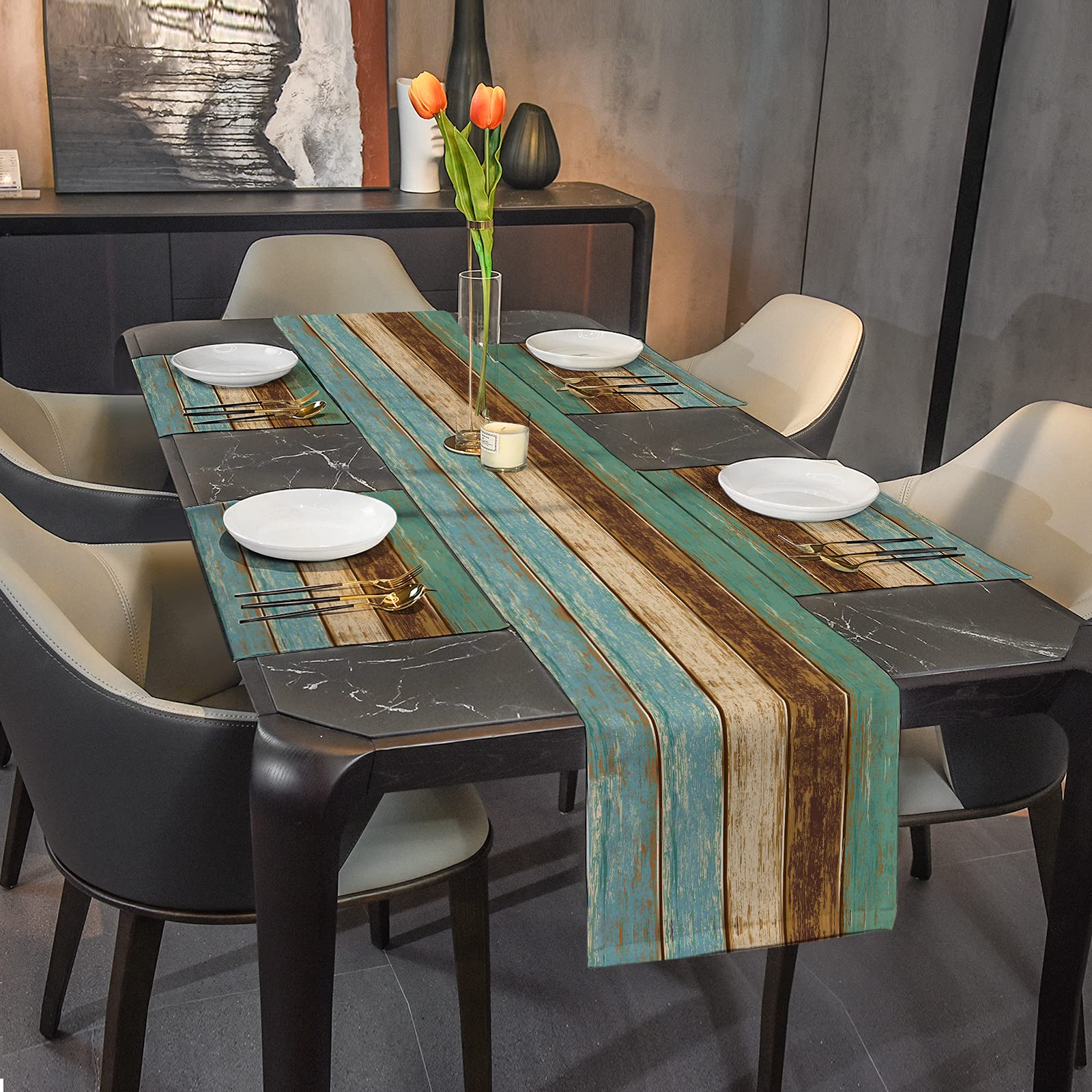 Farmhouse Table Runners Set Of 6, Wood Grain Spring Table Runner White Table Runner Kitchen Tablecloth Heat Resistant Table Deco