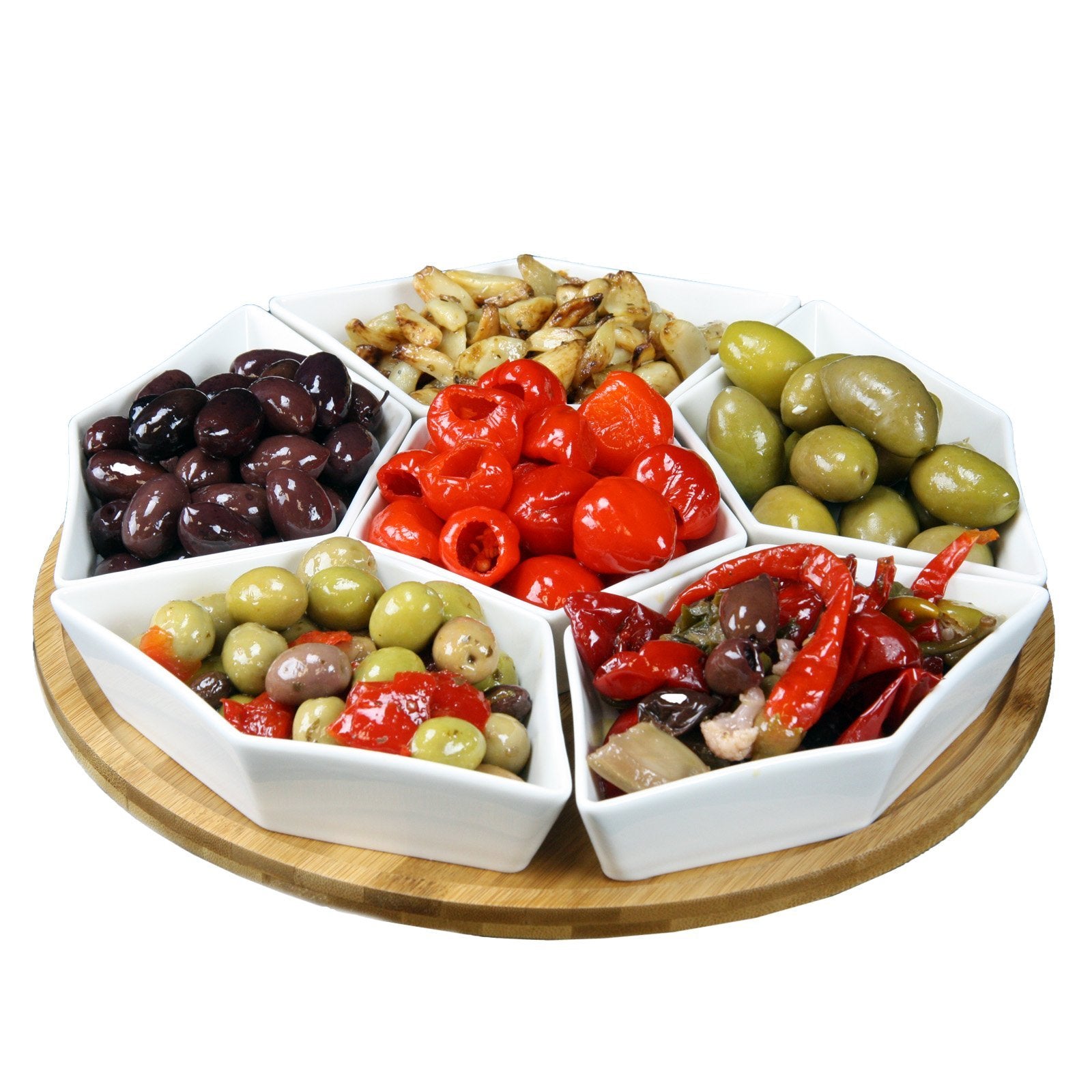 Elama Signature 7 Piece Ceramic Stoneware Condiment Server Set with a Bamboo Lazy Suzan Serving Tray in White and Natural Bamboo