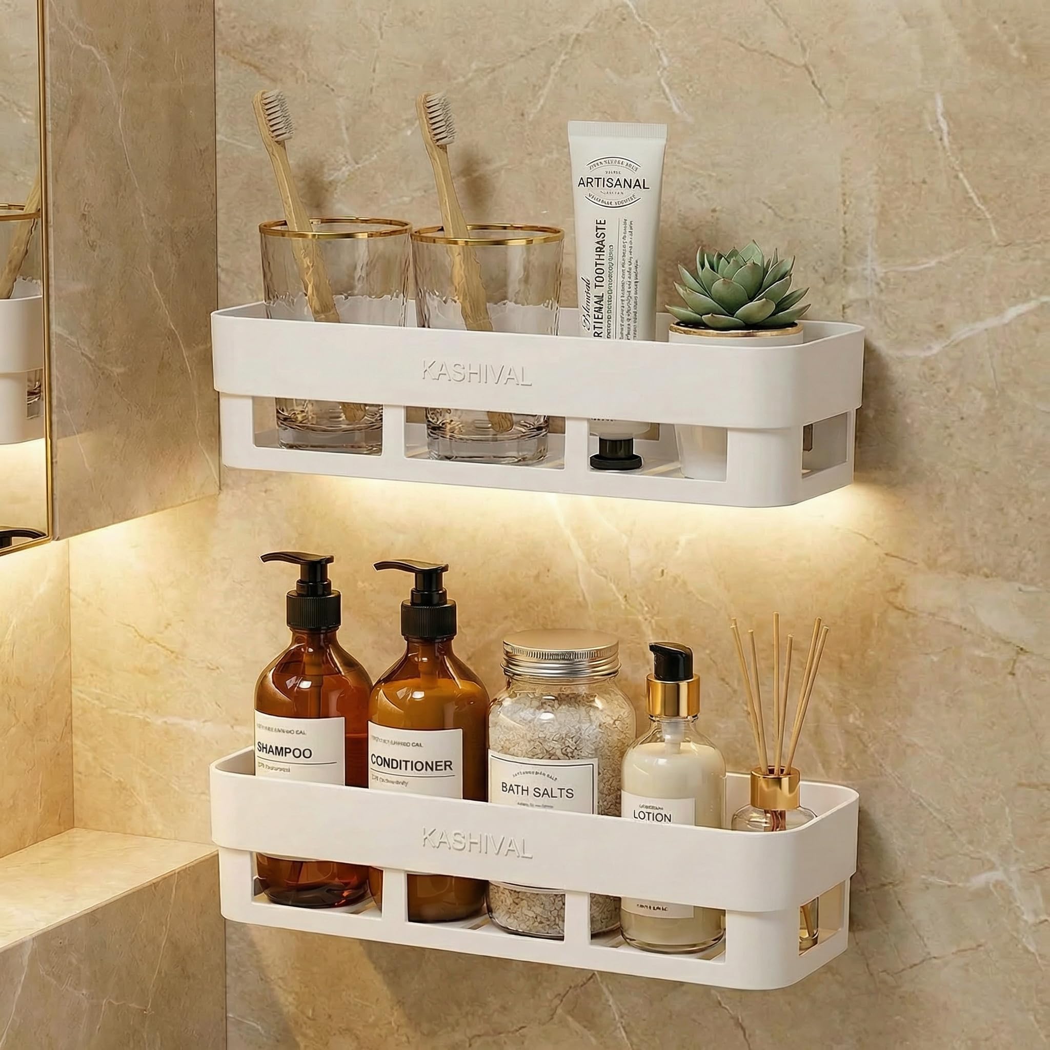 Kashival Bathroom Shelf Wall Mount, No Drill Space Abs Plastic Rack With Hooks For Shampoo Holder, Kitchen Storage Organizer, Mu