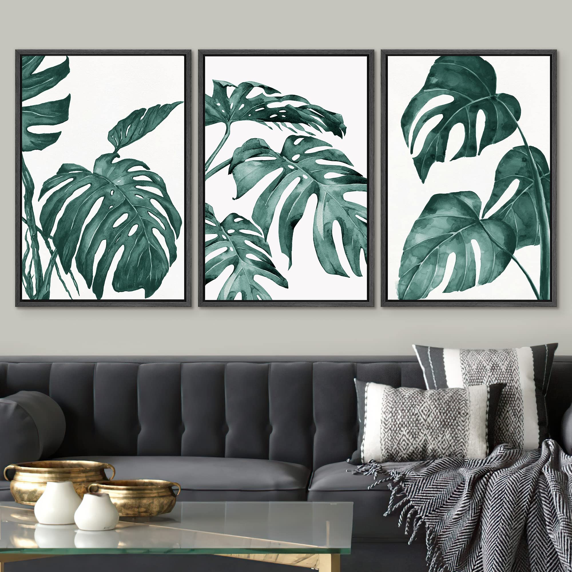 Signwin 3 Piece Framed Canvas Wall Art Tropical Plant Leaves Canvas Prints Home Artwork Decoration For Living Room,Bedroom - 24'
