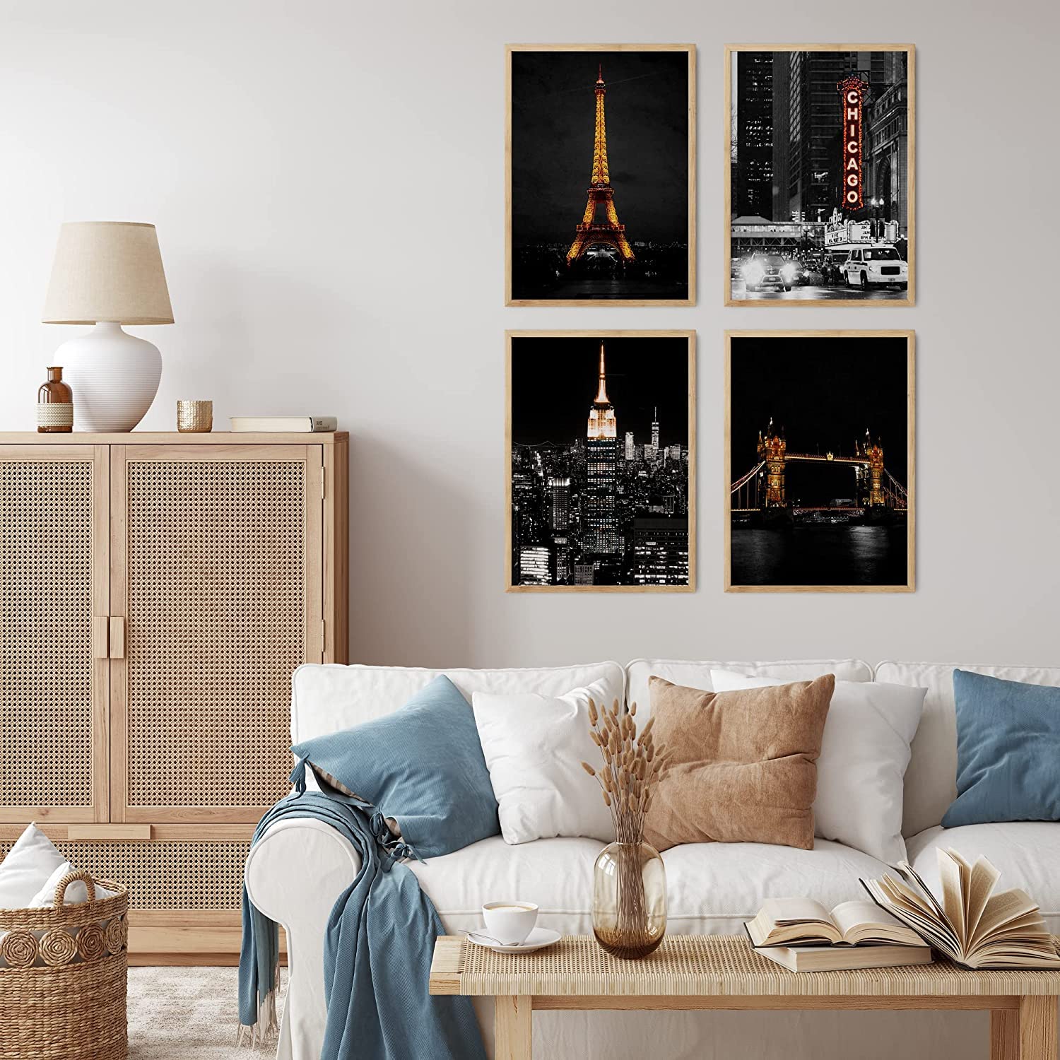 Famous City Art - Us Skyline Photos, City Aesthetic Bedroom Posters, Travel Gifts Set 4 City Skyline Of Eiffel Tower, Chicago, E