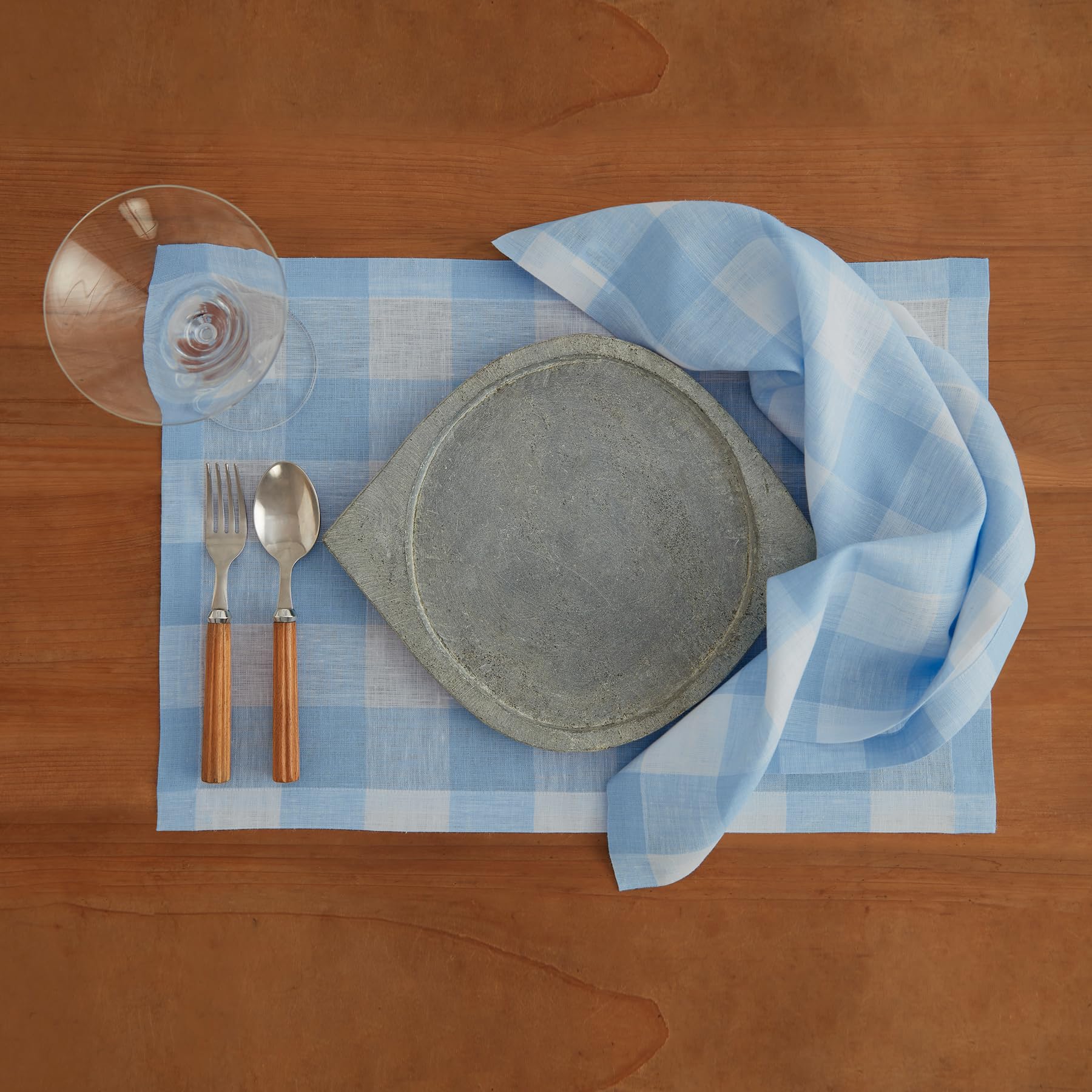 Solino Home Buffalo Check Linen Placemats 19'' L X 14'' W Inch - 100% Pure Linen Blue Bell Plaid Cloth Placemats Set Of 4 - Wash