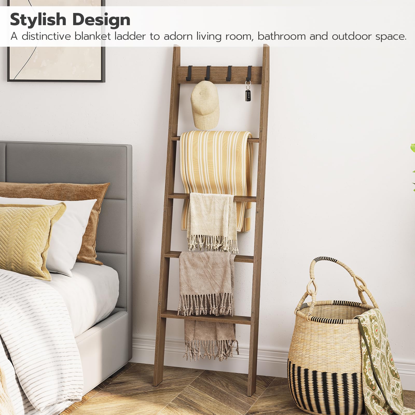HOOBRO 5-Tier Blanket Ladder, Mocha Bamboo Decorative Shelf with 4 Hooks, Model MA51CJ01G1 for Living Room and Bathroom Storage