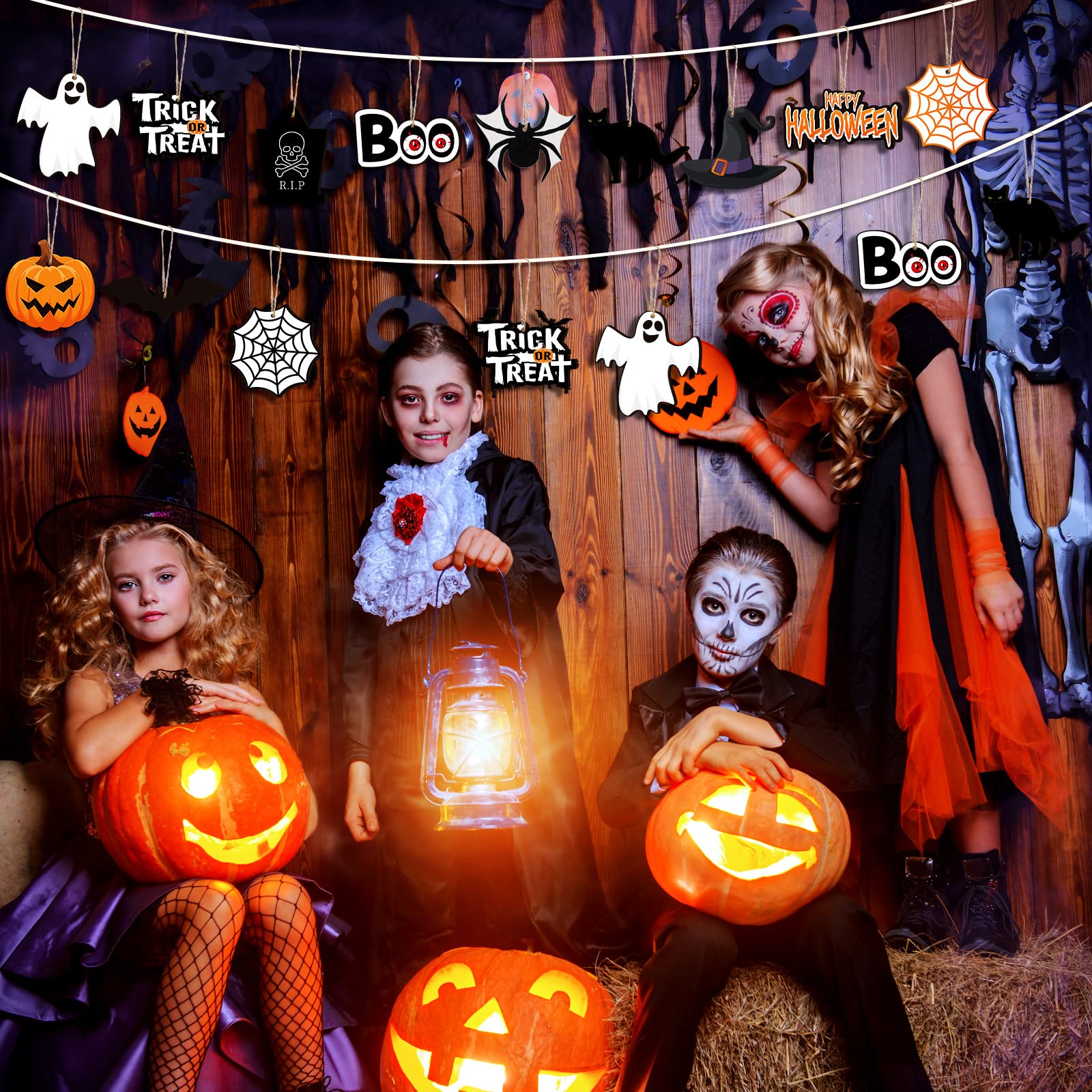 36 Pieces Halloween Wooden Hanging Ornaments Halloween Tree Decorations Wood Hanging Cutouts with Ropes for Trick or Treat Party