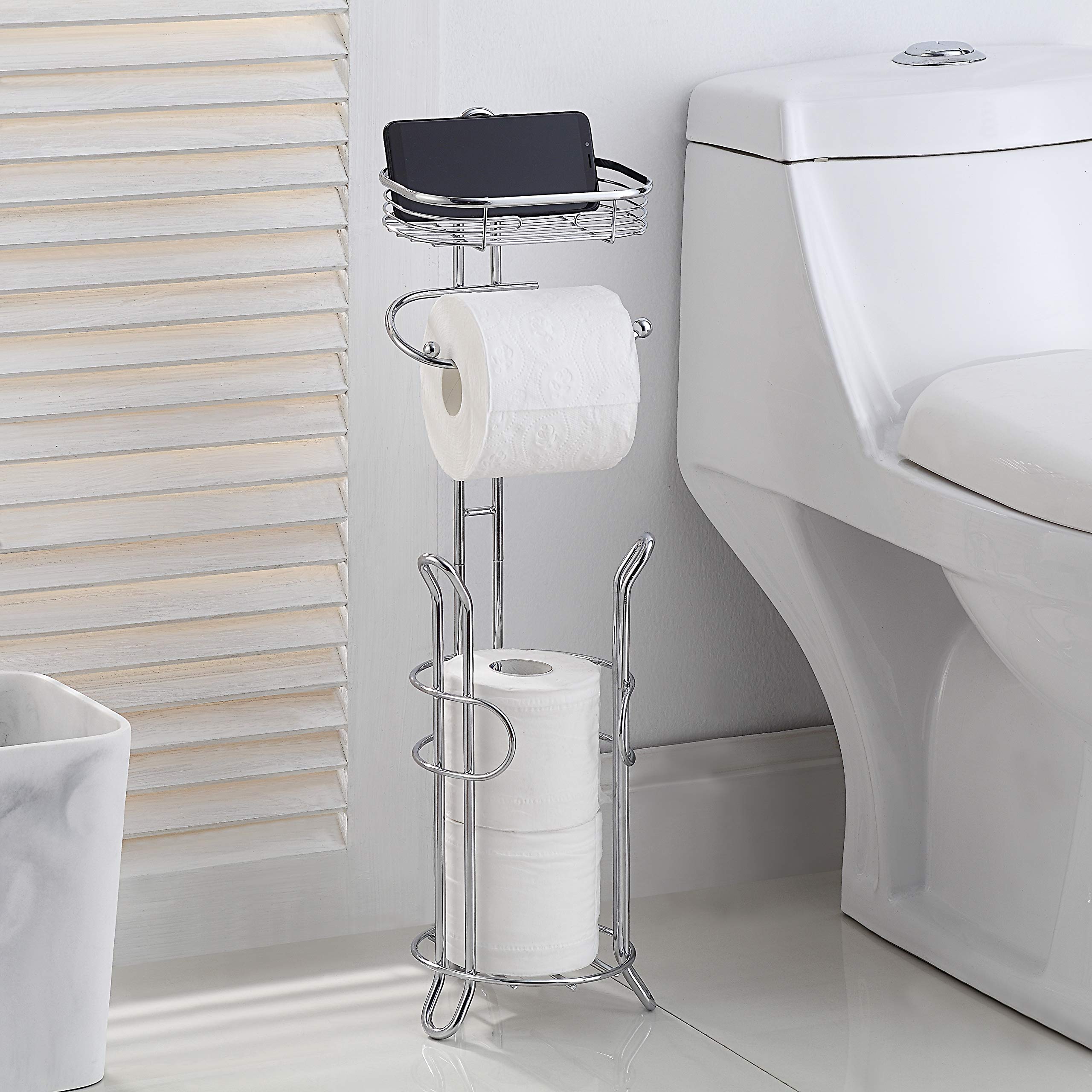 SunnyPoint Bathroom Heavyweight Toilet Tissue Paper Roll Storage Holder Stand with Reserve and Shelve  The Reserve Area Has Enough Space to Store Mega Rolls. (Chrome)