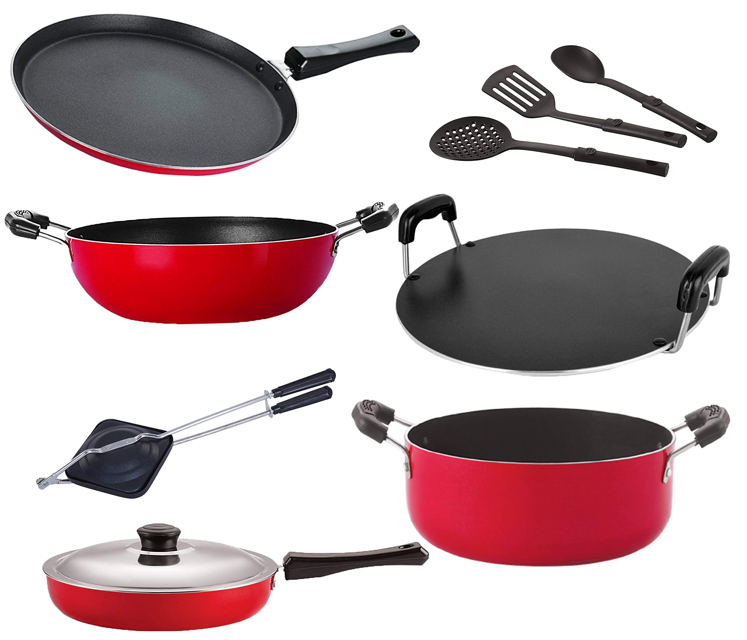 Nirlon Non Stick Aluminium Cookware Gift Set Of 9 Pieces {2.6Mm_Ft13_Kd14_Rt_Ht_Cass20_Fp12_3Spn }