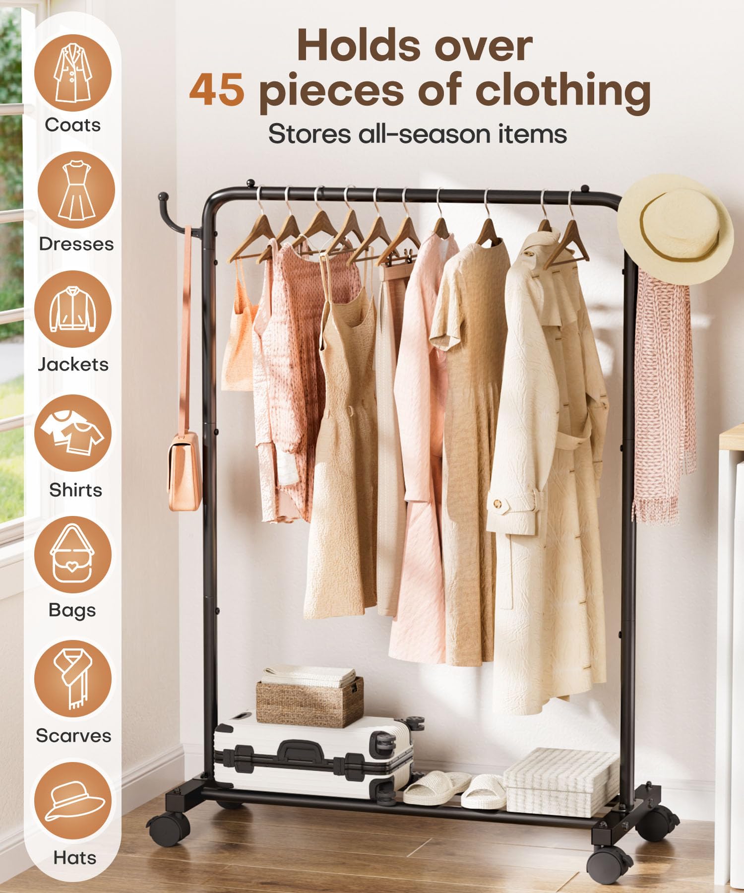 Homde Heavy Duty Clothes Rack: 120lb Standing Garment Storage for Indoor - Rolling Hanging Rod for Bedroom Laundry Room - Coat D