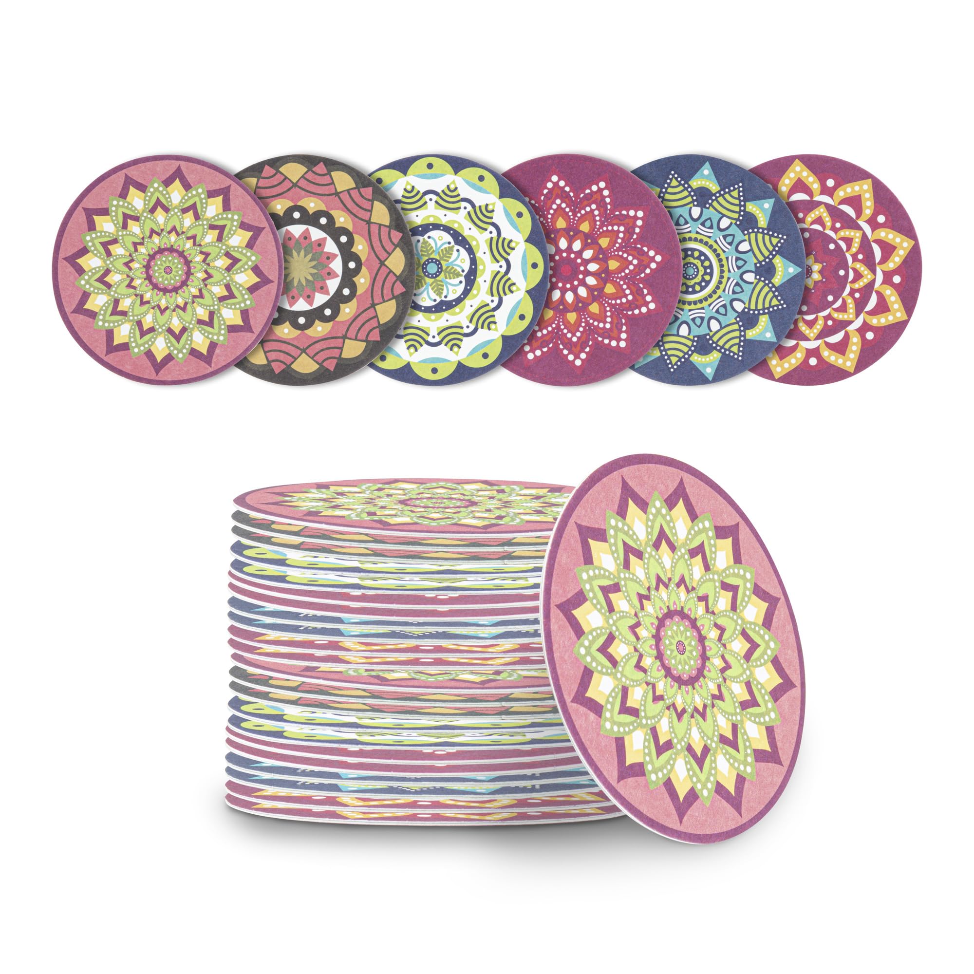 Restaurantware Paper Bar Coasters 48 Count 3.5 Inch Super Absorbent Beverage Coasters Pulpboard Assorted Design Drinkware Coaste
