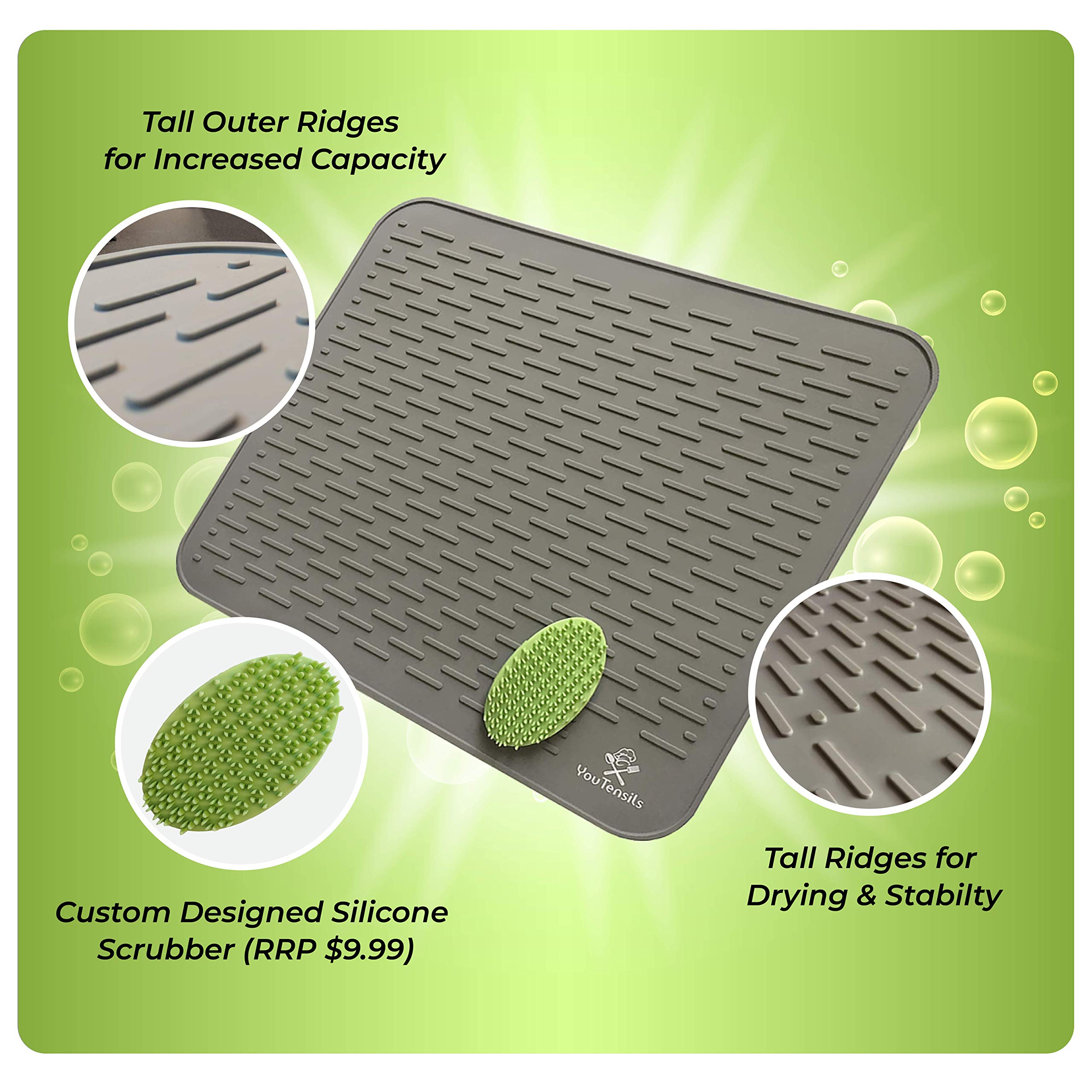 Silicone Dish Drying Mat & Scrubber Xxl 21'' X18 '' | Gray Kitchen Dish Drainer Mats & Trivet | Food Safe Fast Draining Pad For