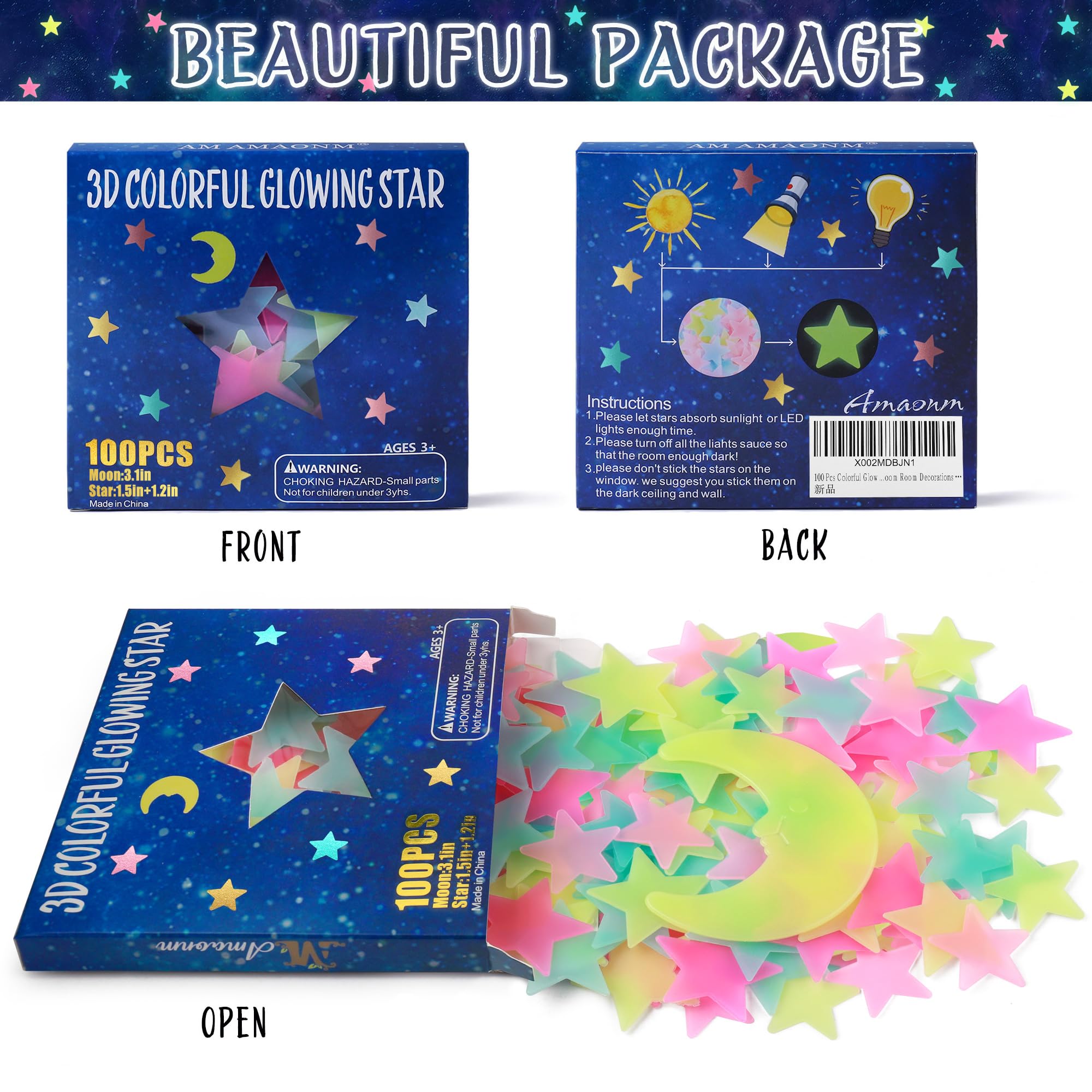 100 Pcs Colorful Glow in The Dark Luminous Stars and Moon Fluorescent Noctilucent Plastic Wall Stickers Murals Decals for Home Art Decor Ceiling Wall Decorate Kids Babys Bedroom Room Decorations
