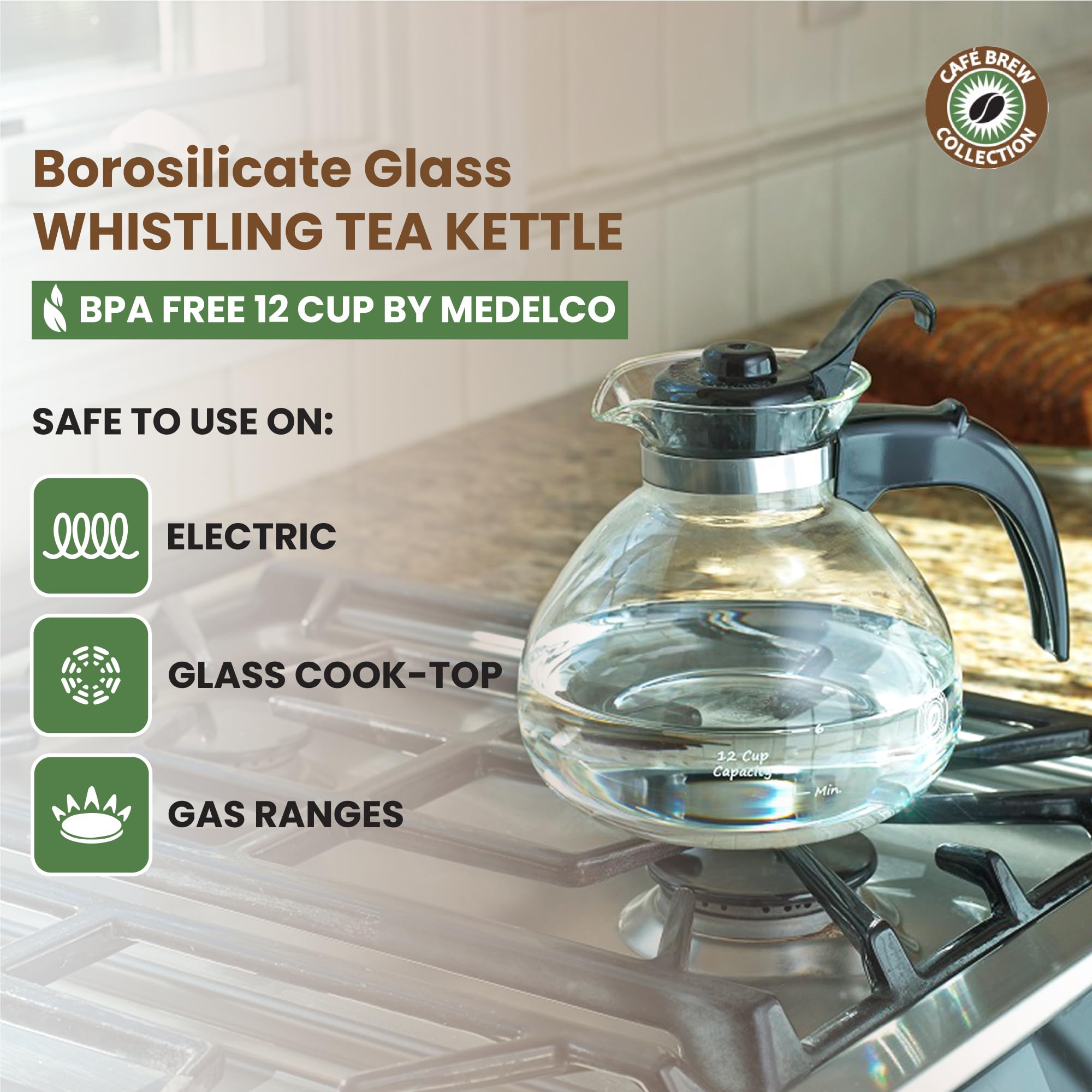 Borosilicate Glass Stove Top Whistling Tea Kettle - 12 Cup/48Oz Capacity - Bpa-Free - German Made Glass Kettle For Gas, Electric