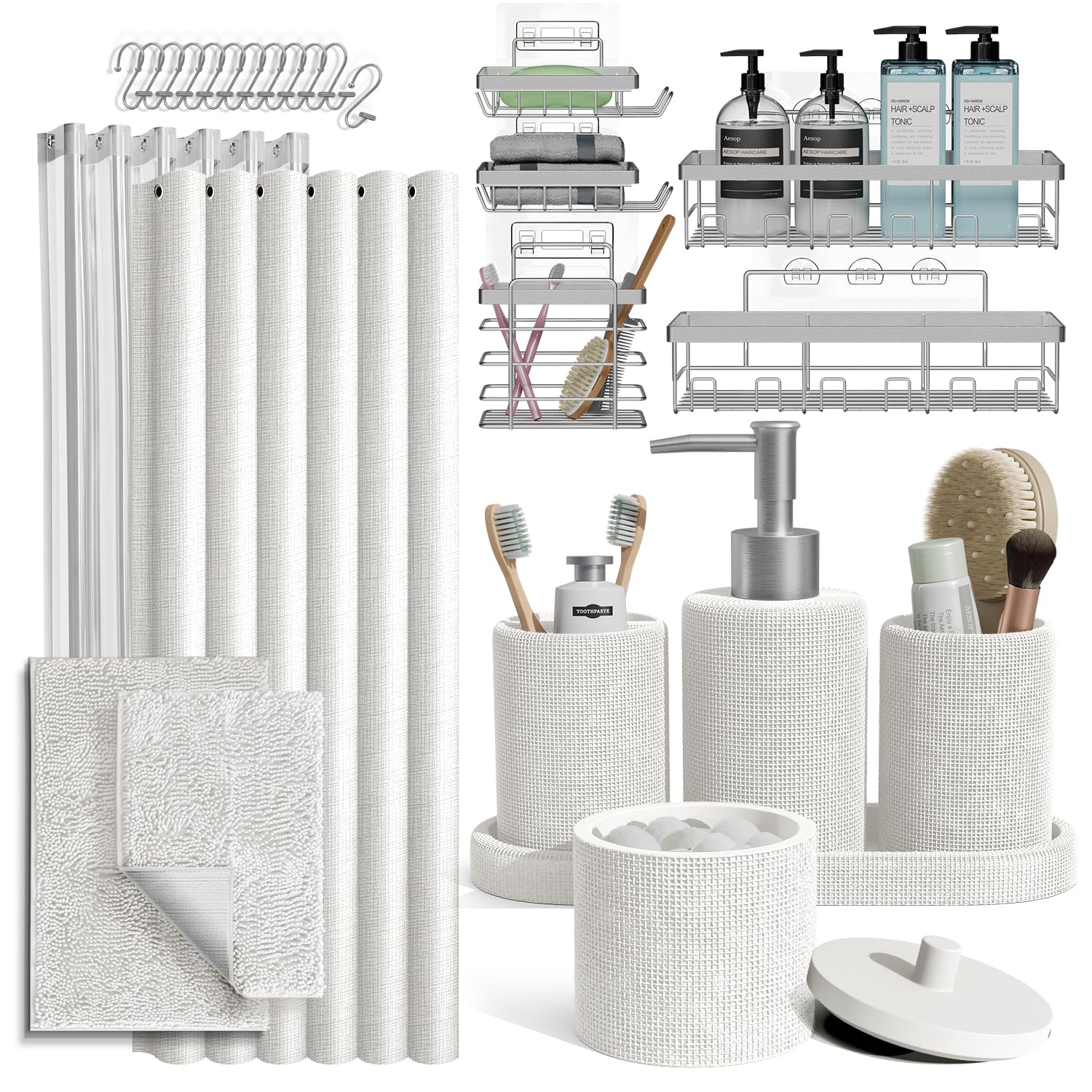 Clara Clark White Bathroom Set - Bathroom Sets with Shower Curtain and Rugs, 26PC Bathroom Accessory Set, Shower Curtain Set wit