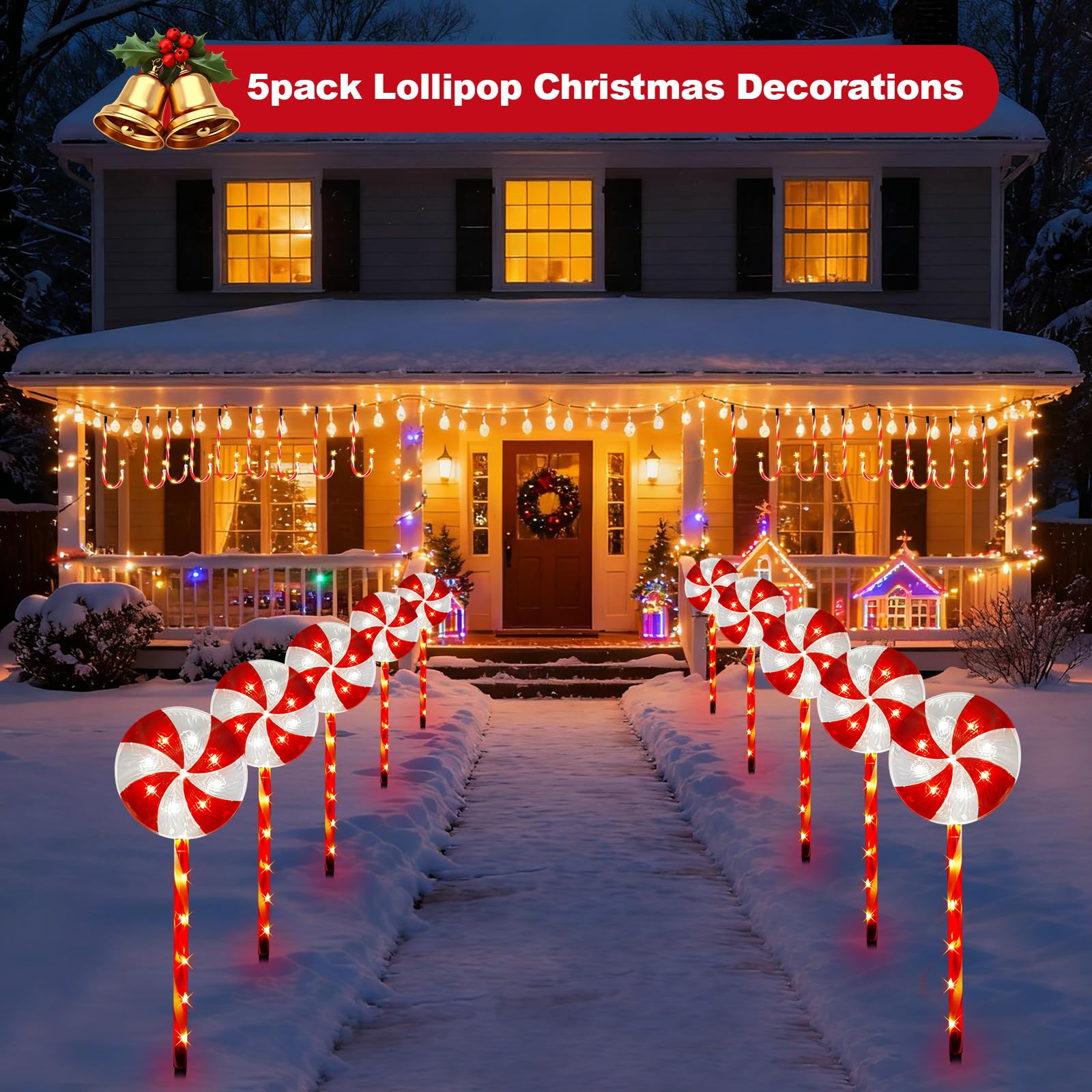 23-Inch Solar Pathway Lights Outdoor, Set of 5 Solar Outdoor Christmas Decorations - Lollipop Christmas Decorations with 8 Modes