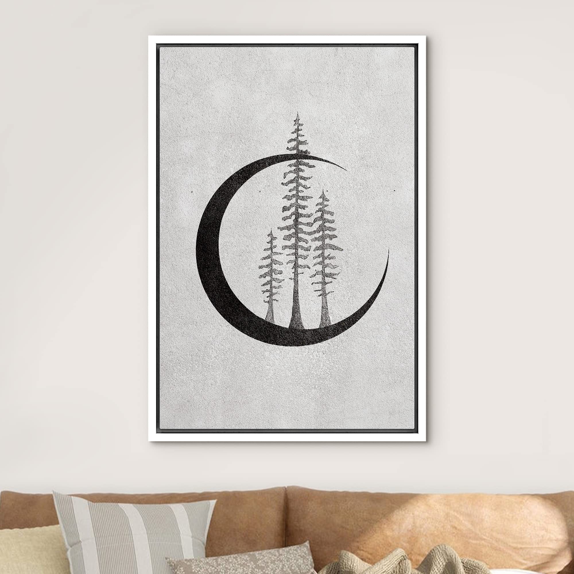 NWT Framed Canvas Print Wall Art Sketch Style Pine Trees on Crescent Moon Nature Wilderness Photography Realism Minimalist Scenic Black and White for Living Room  Bedroom  Office - 16''x24'' White