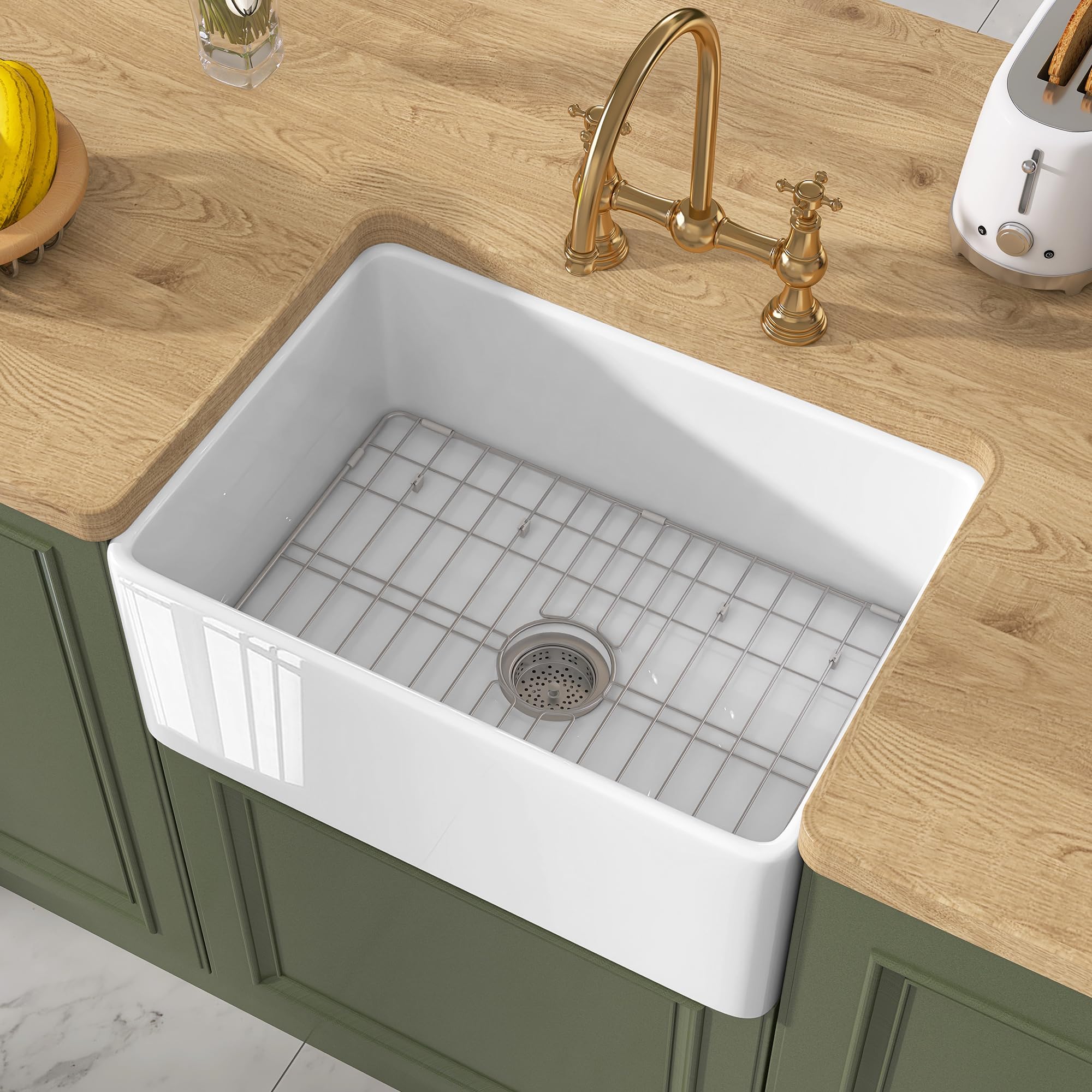 Tuktuk White Farmhouse Sink 24X18 Inch Fireclay Farm Sink Apron Undermount Kitchen Sink Single Bowl Small Sink For Bar Drop-In M