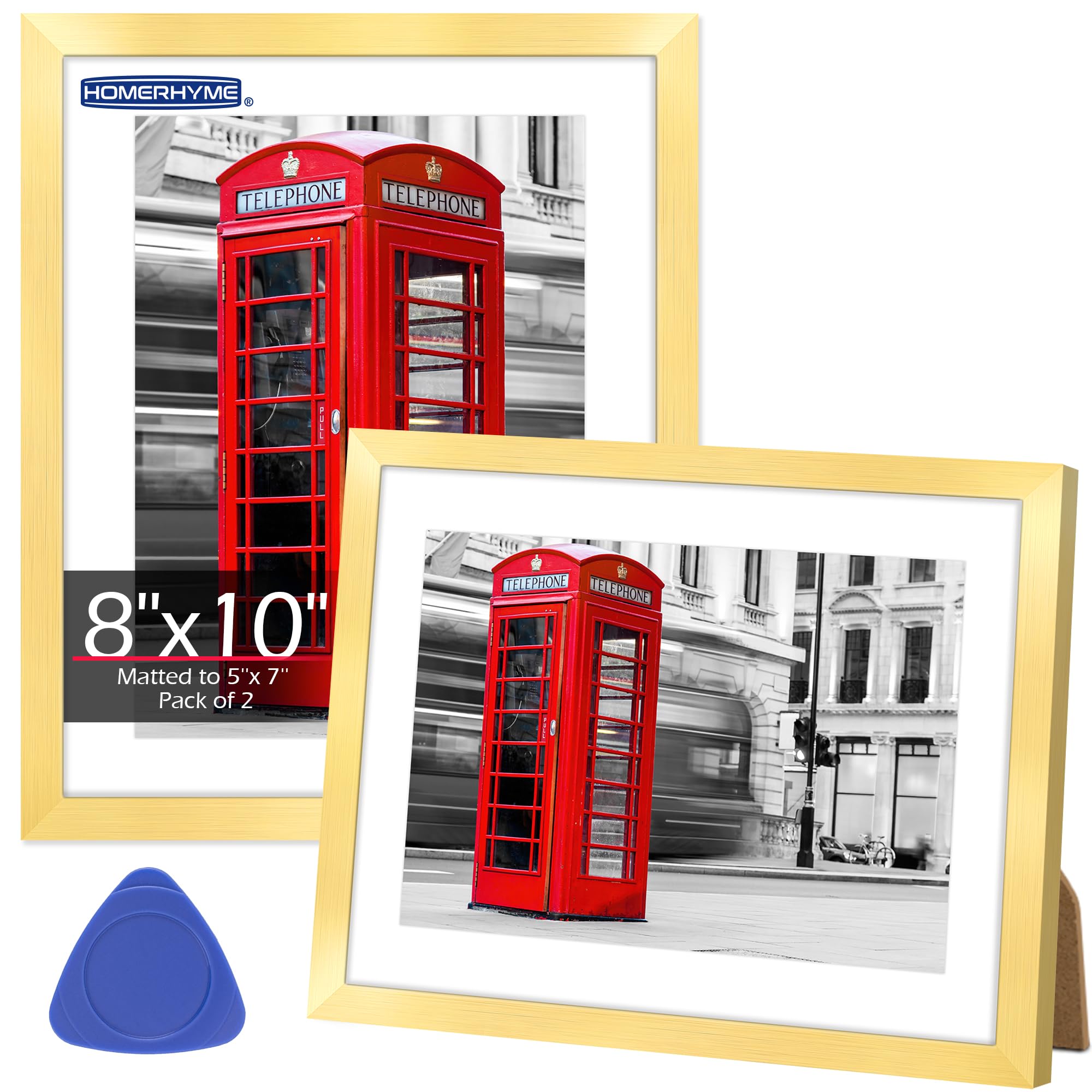 HOMERHYME Picture Frames 8x10, Set of 2 Gold Photo Frame for Tabletop or Wall Display, Display Pictures 5x7 with Mat or 8 x 10 W