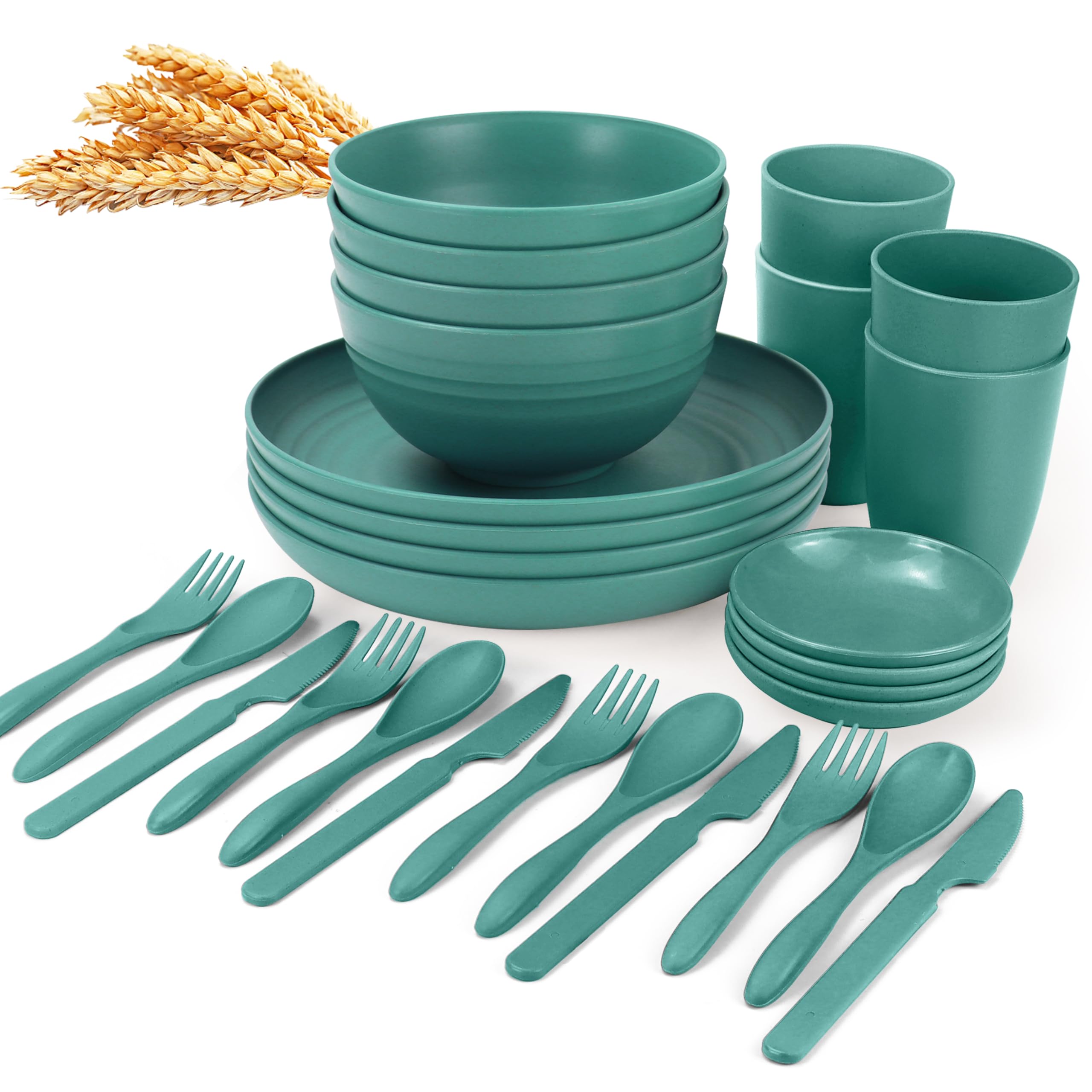 Wrova wheat straw bowls,plates,cups and cutlery sets 28 pcs - Dishwasher safe dish sets for kitchen, camping, indoors and outdoo