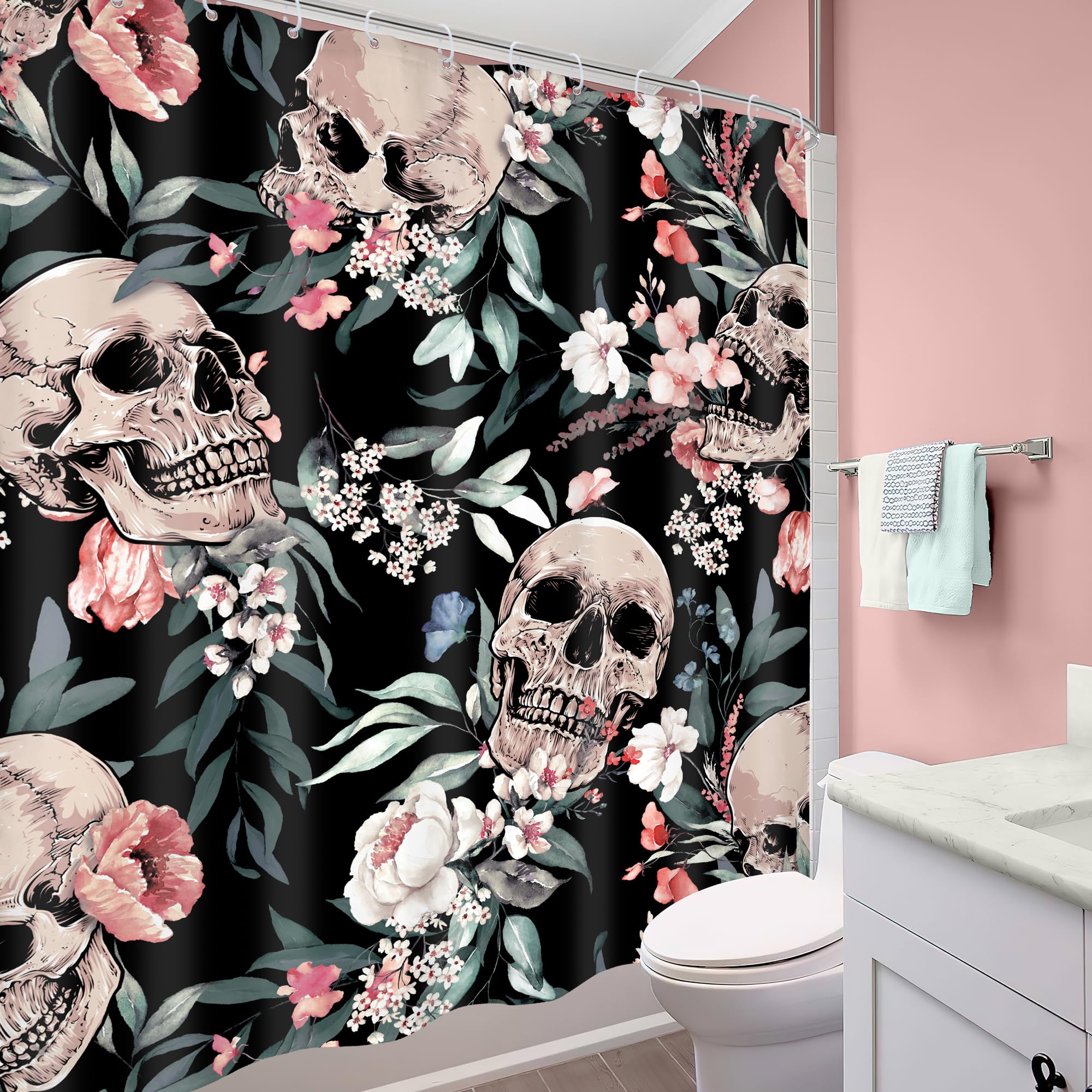 Mitpok Gothic Sugar Skull Shower Curtain 60Wx72H Skeleton Goth Retro Spooky Pink Flower Floral Halloween Plant Leaves Botanical