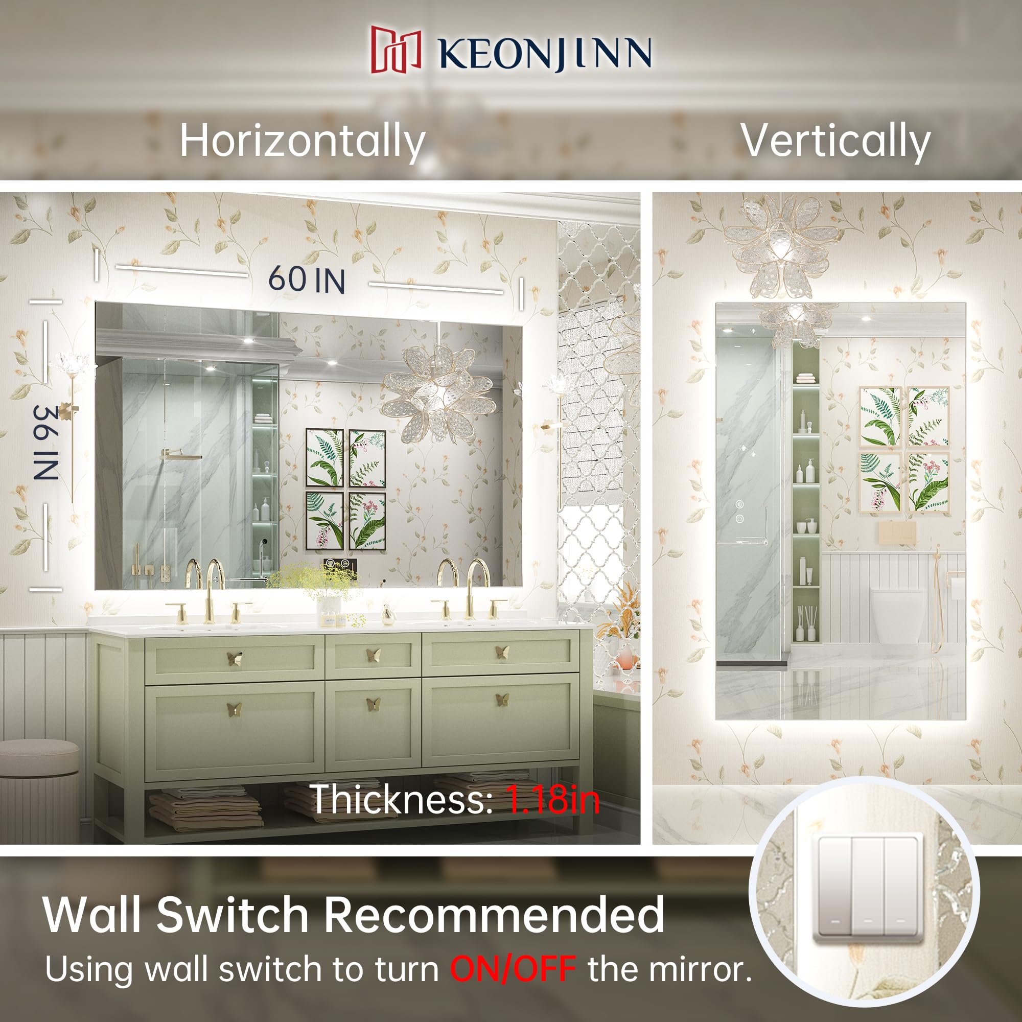 Keonjinn 60 X 36 Inch Backlit Mirror Bathroom Lighted Mirror Led Mirror Anti-Fog Wall Mounted Bathroom Vanity Mirror With Lights