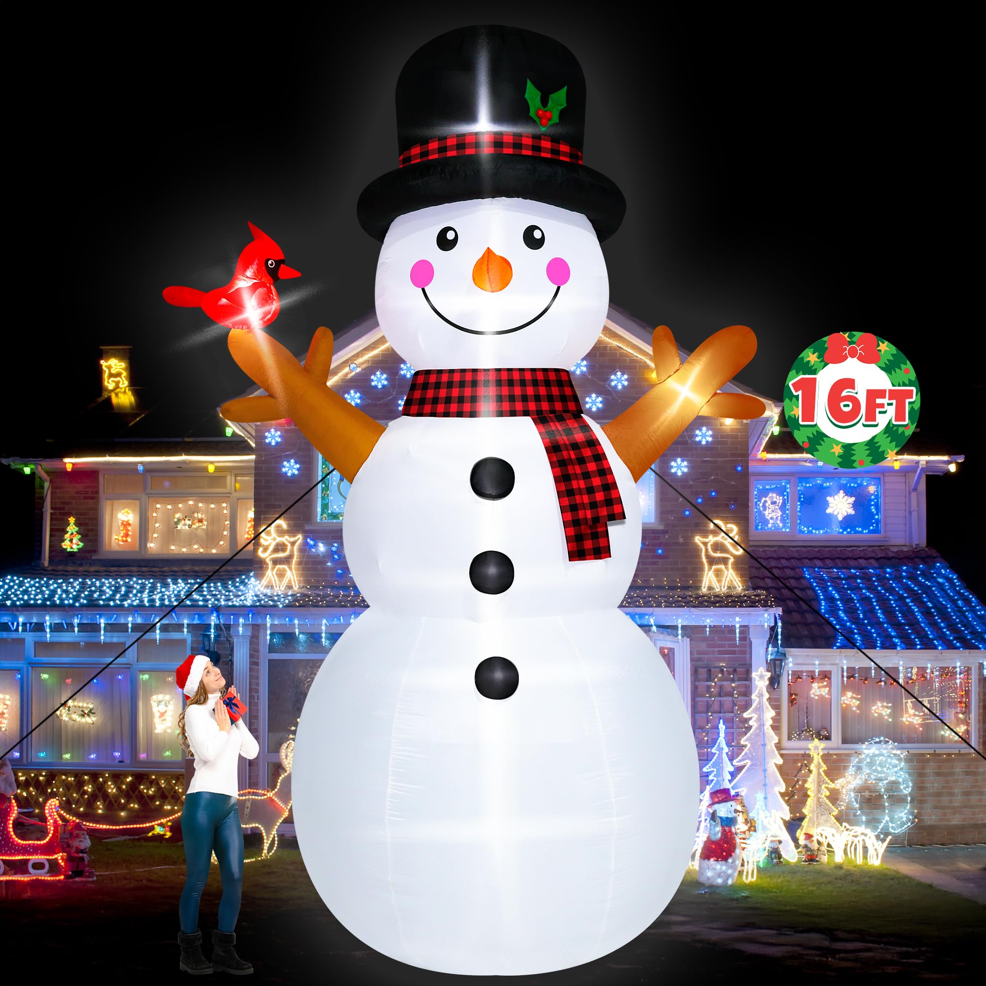 16FT Christmas Inflatable Snowman Outdoor Decorations, Giant Christmas Snowman, Holiday Blow Up Yard Decor with LED Lights, Wate