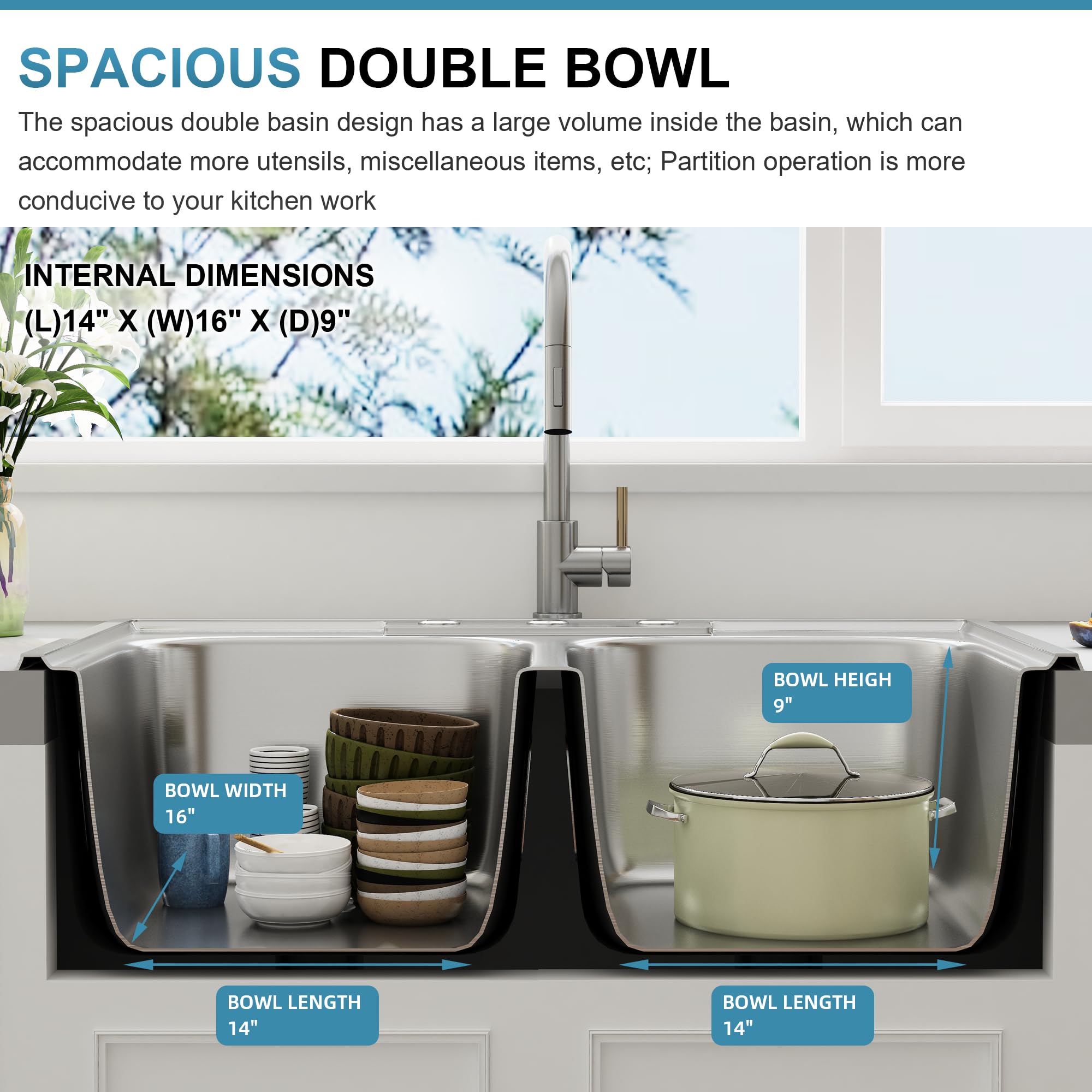 Joviprime 33 Inch Double Bowl Drop In 50/50 Kitchen Sink Top Mounted 18 Gauge 304 Stainless Steel Sink With Strainer 33'' X 22''